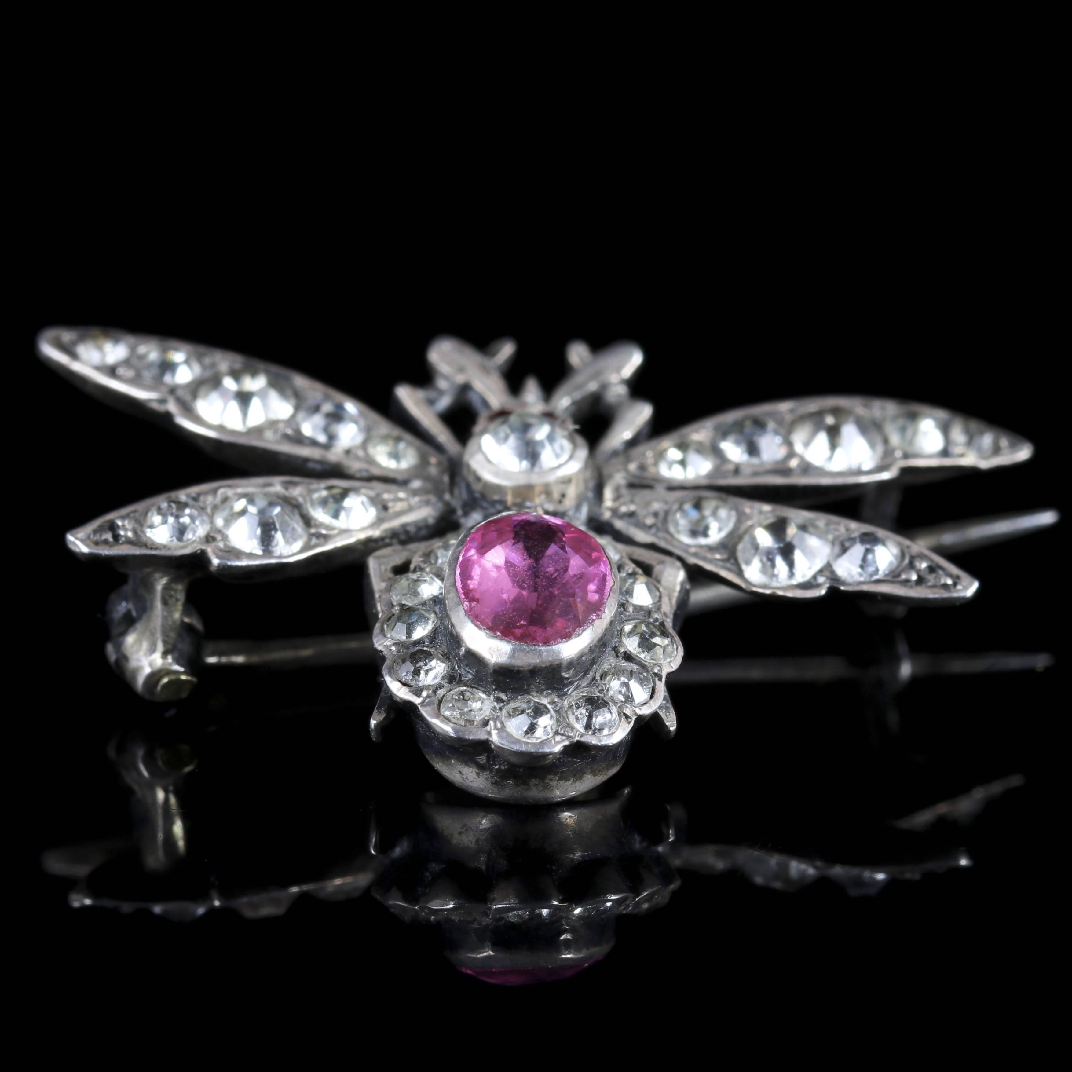 Antique Victorian Pink Paste Silver Insect Brooch, circa 1900 2