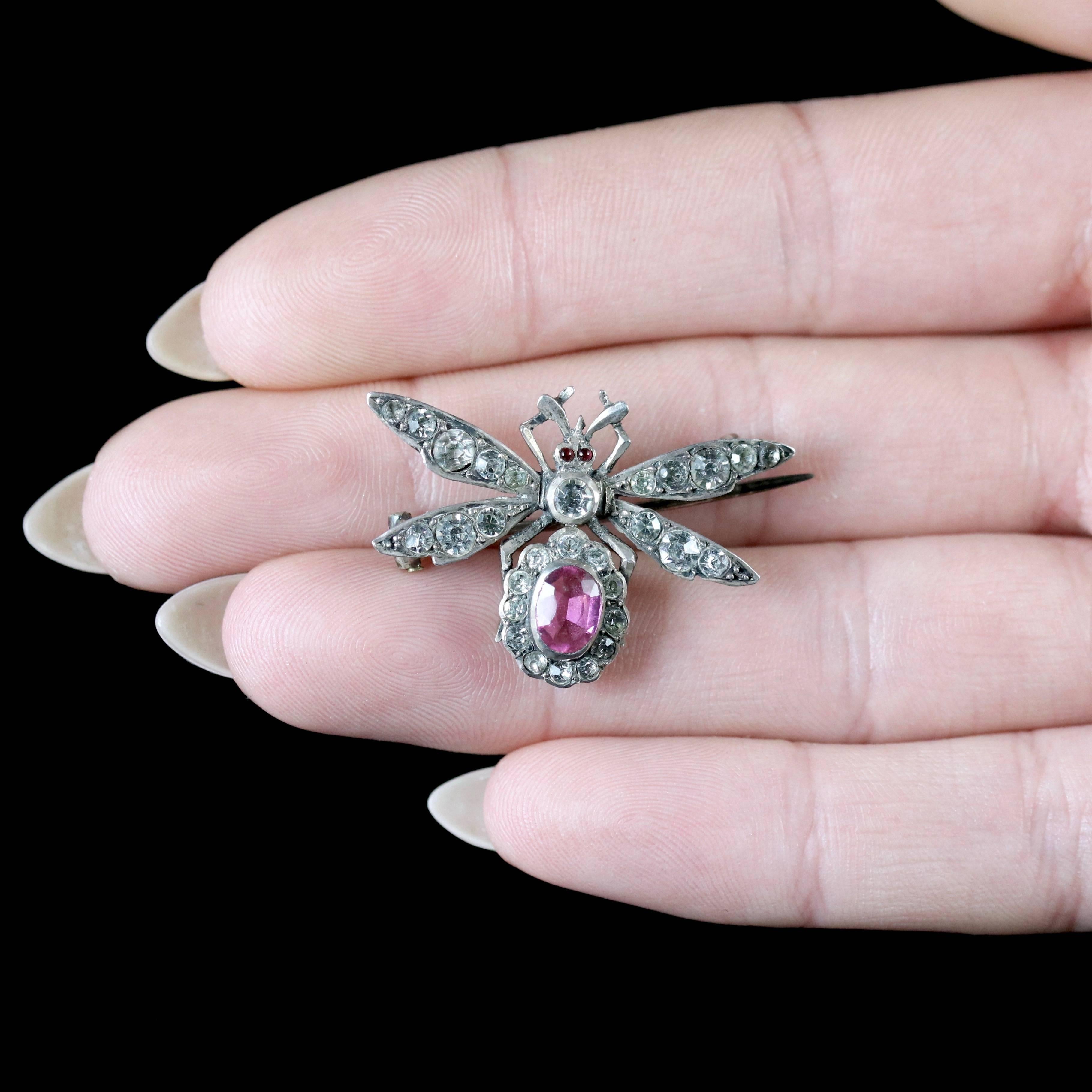 Antique Victorian Pink Paste Silver Insect Brooch, circa 1900 6