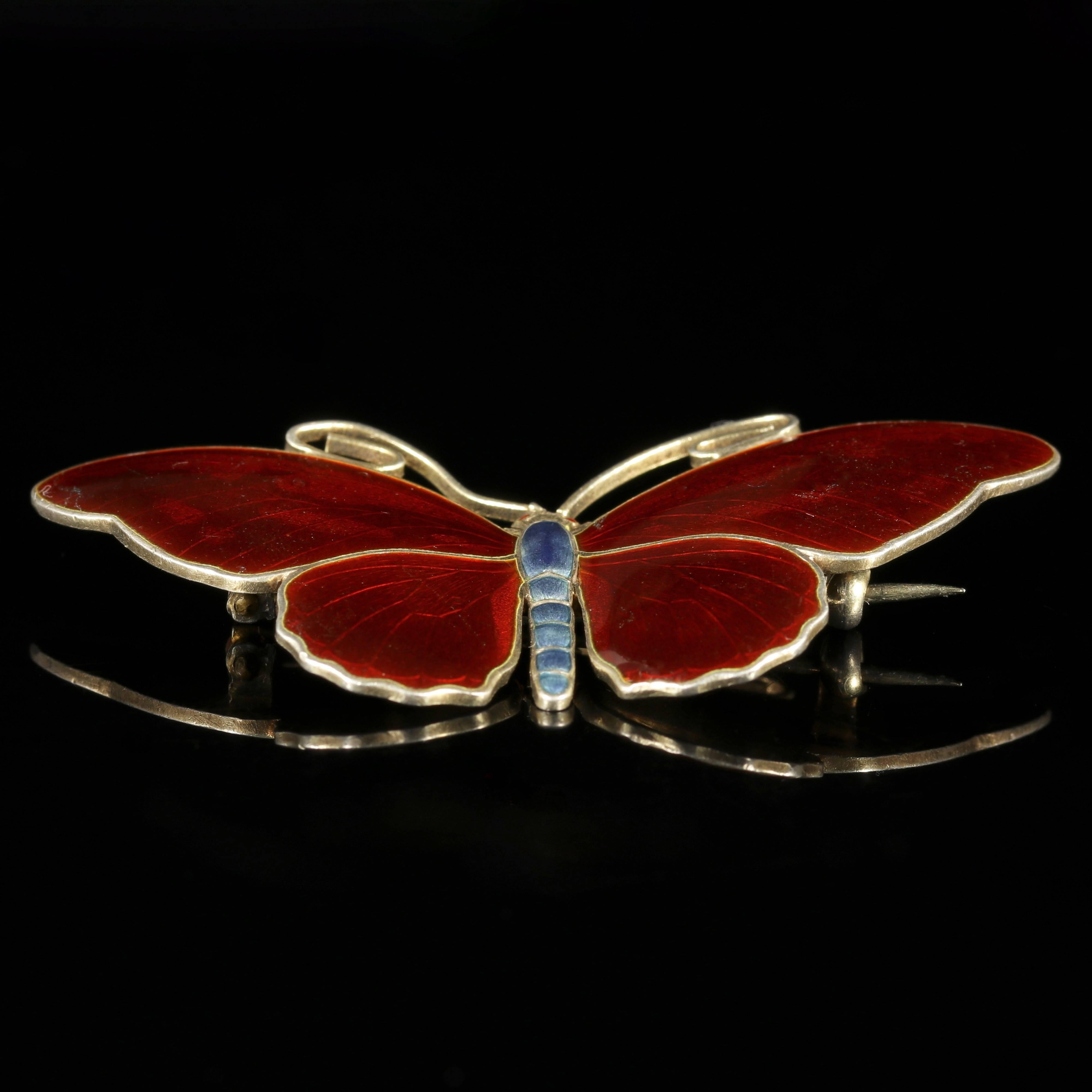 Antique Victorian Enamel Butterfly Deep Red Silver Brooch 1