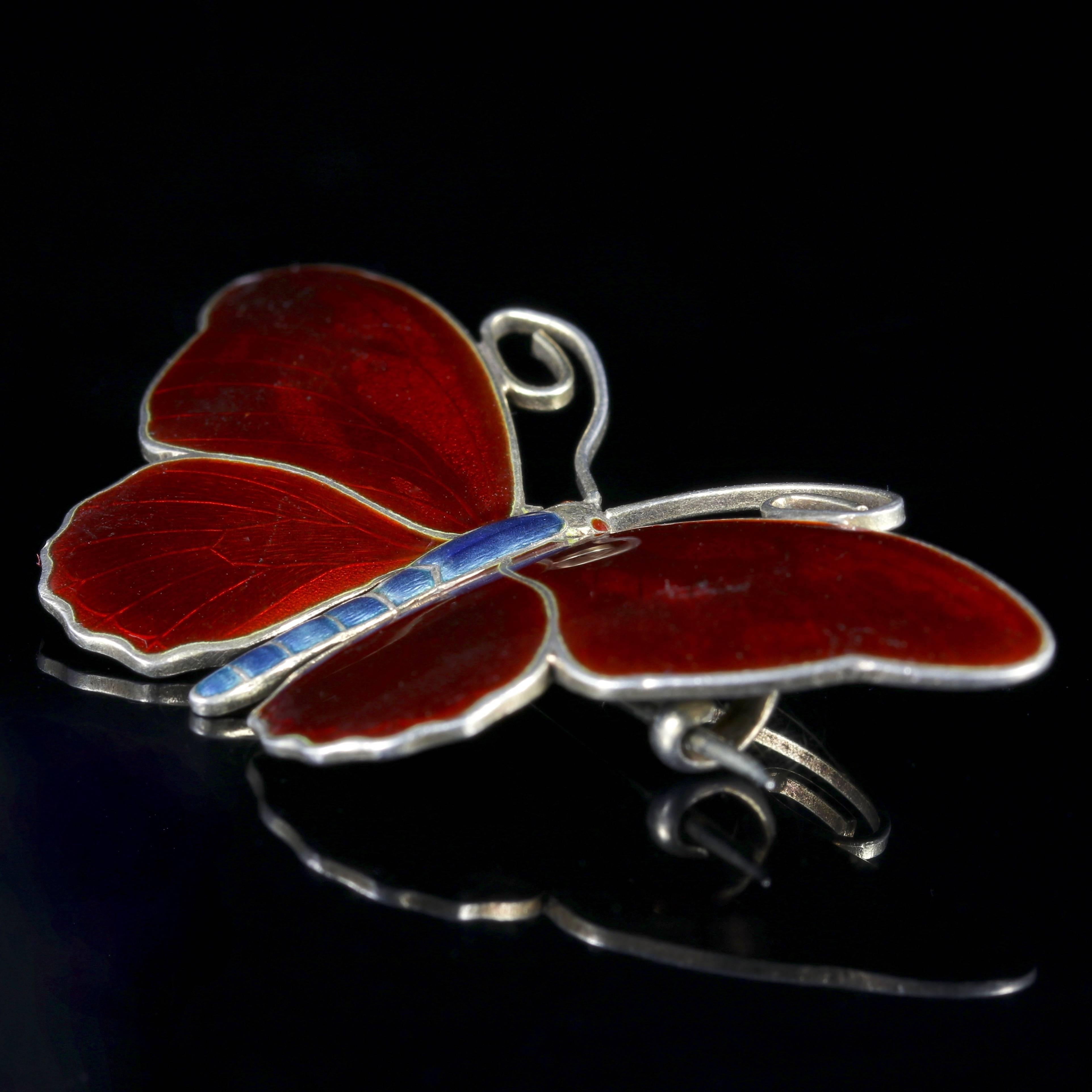 Antique Victorian Enamel Butterfly Deep Red Silver Brooch 2