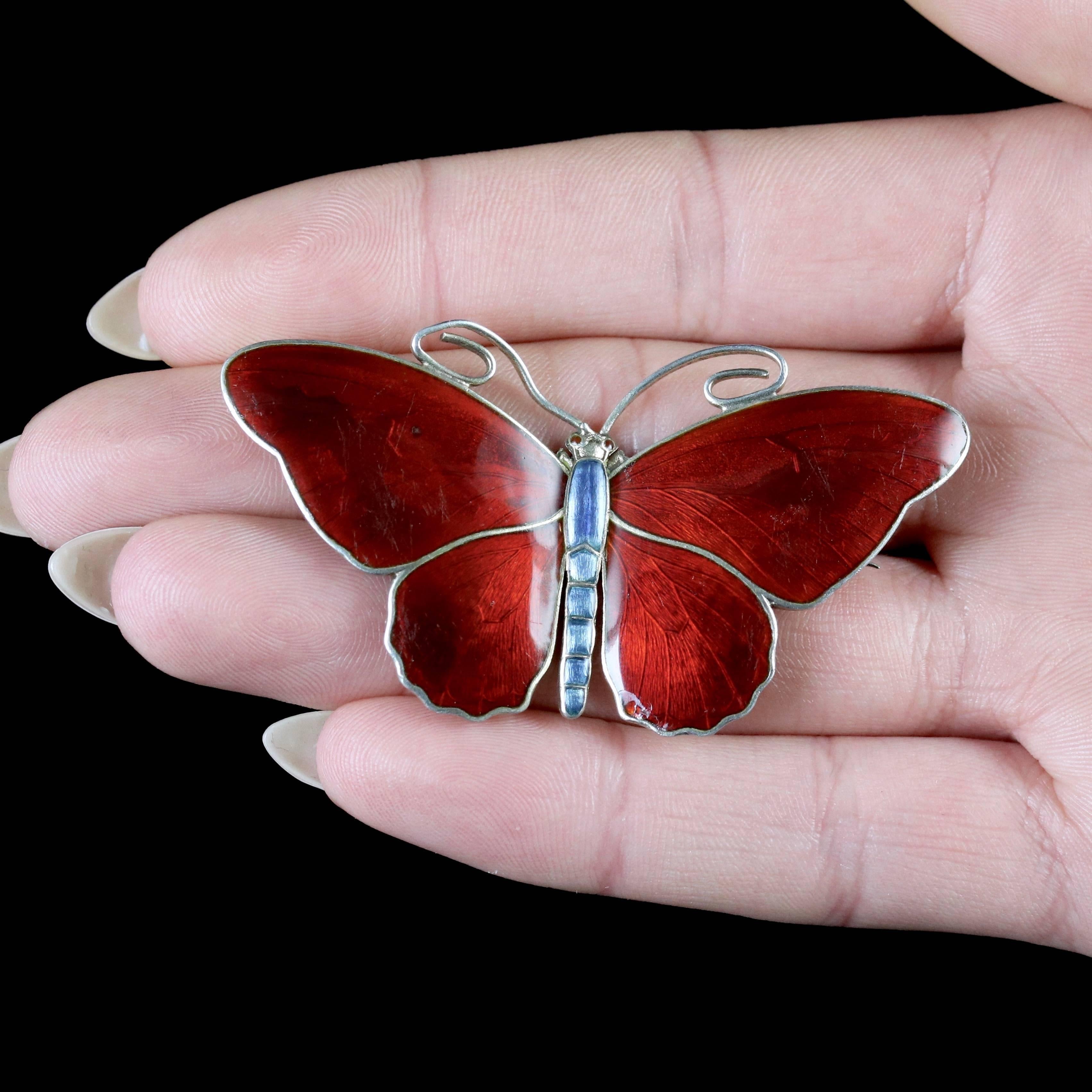 Antique Victorian Enamel Butterfly Deep Red Silver Brooch 5