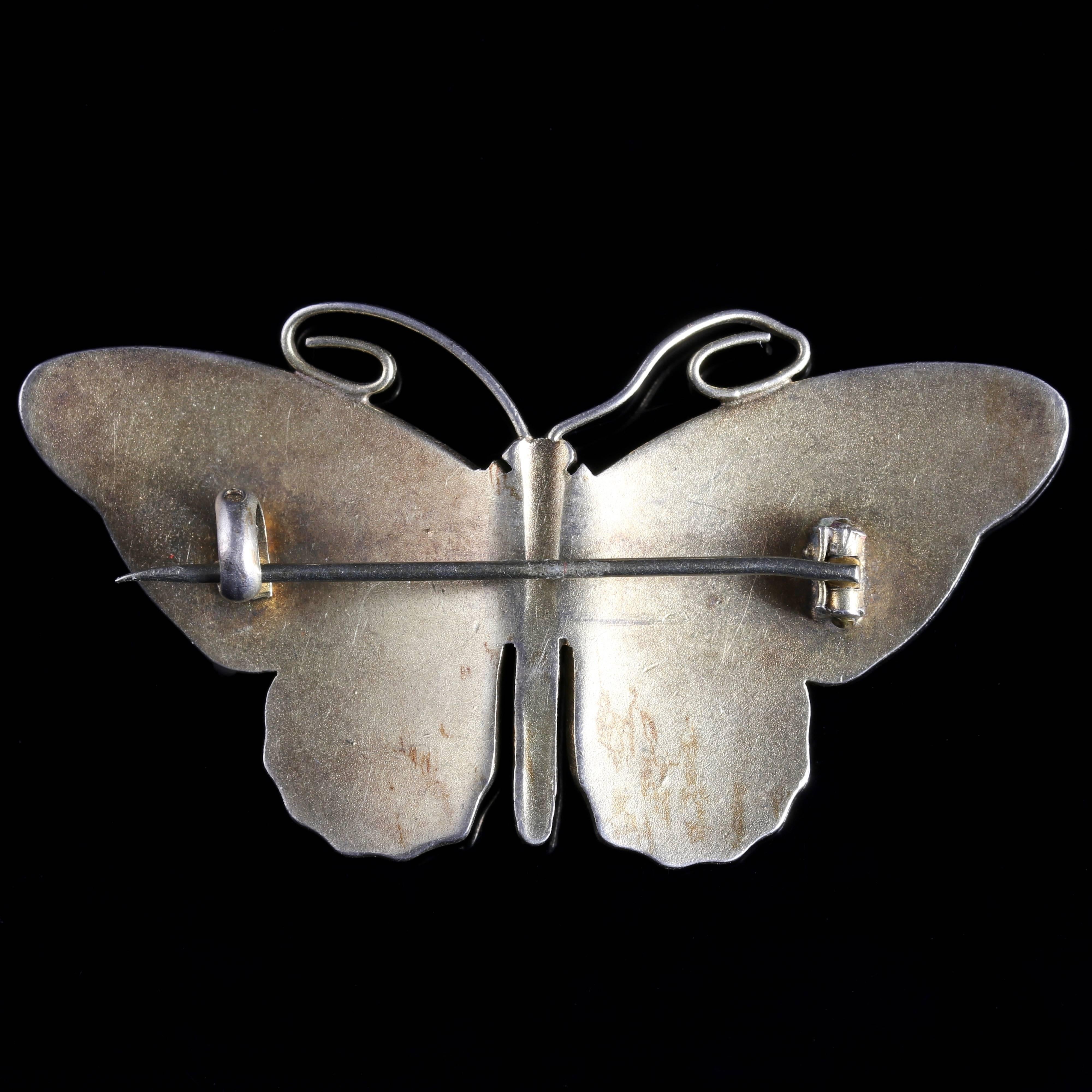 Women's Antique Victorian Enamel Butterfly Deep Red Silver Brooch