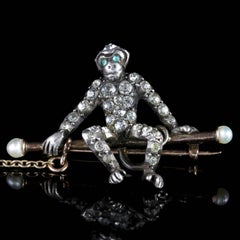 Antique Edwardian Silver Gold Monkey on a Swing Brooch, circa 1910