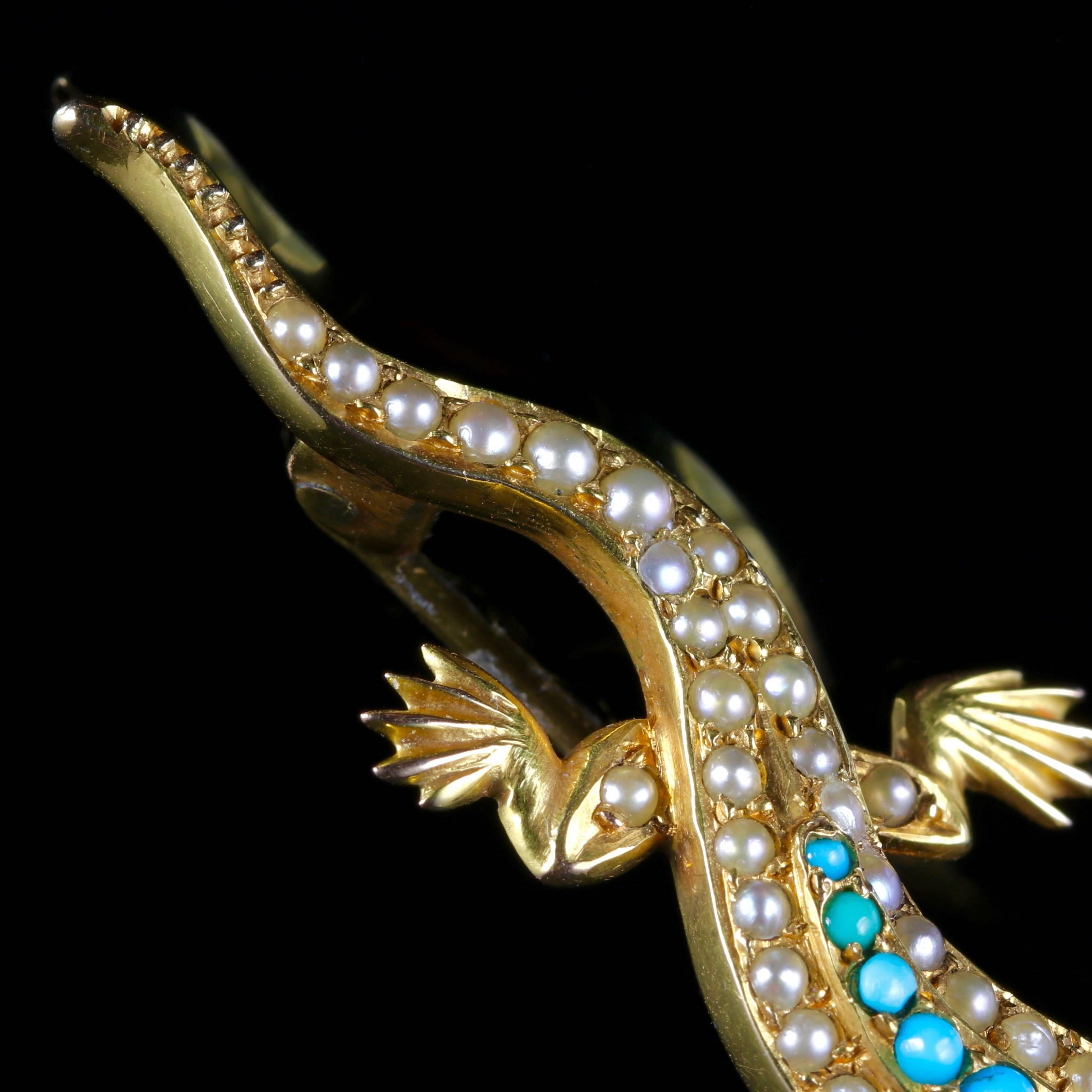 Antique Victorian Turquoise Pearl Lizard Brooch 15 Carat Gold In Excellent Condition In Lancaster, Lancashire