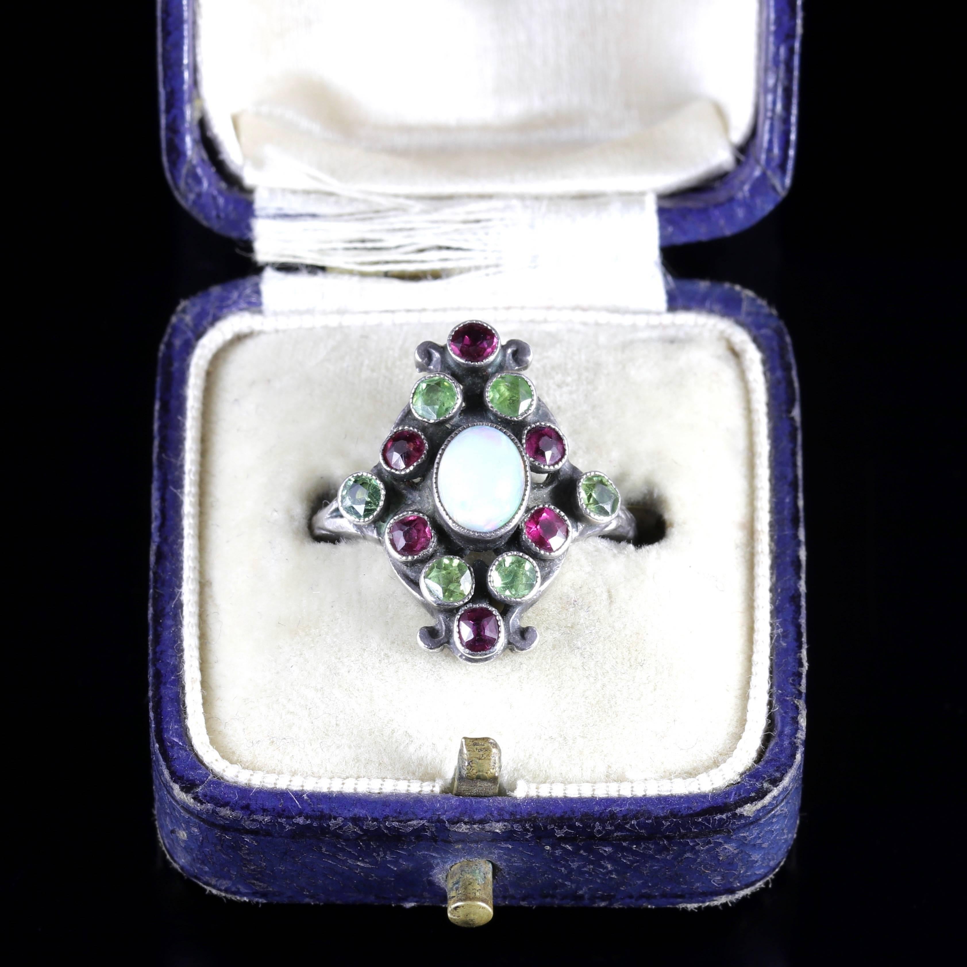 Women's Arts & Crafts Peridot Ruby Opal Ring, circa 1900