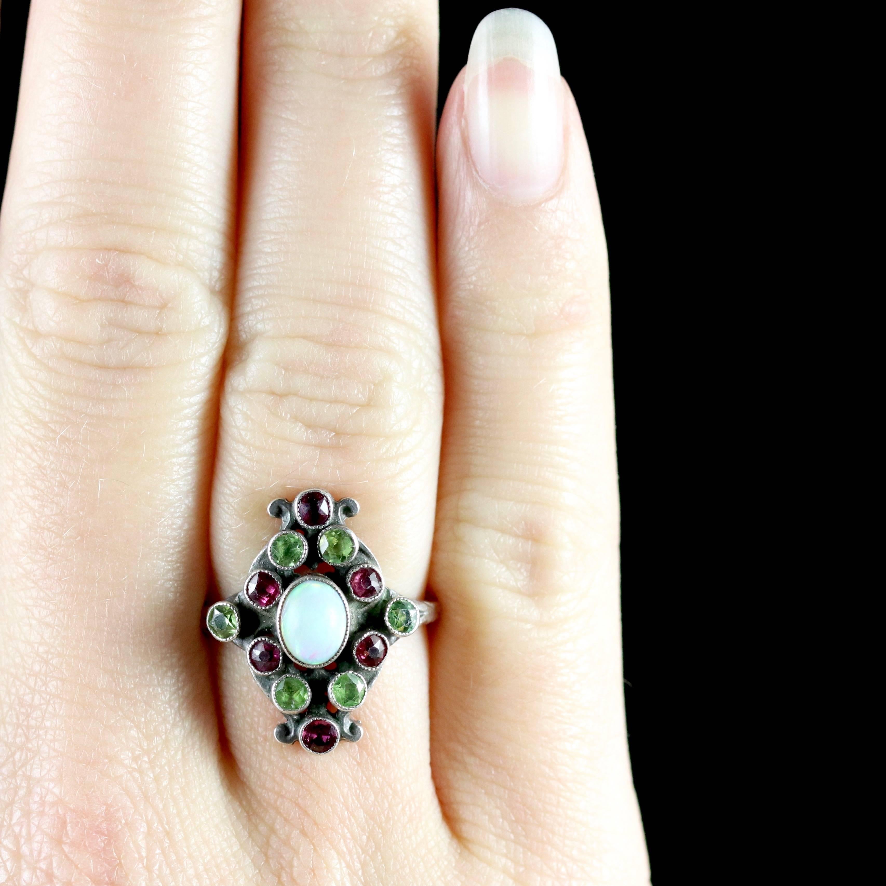 Arts & Crafts Peridot Ruby Opal Ring, circa 1900 1