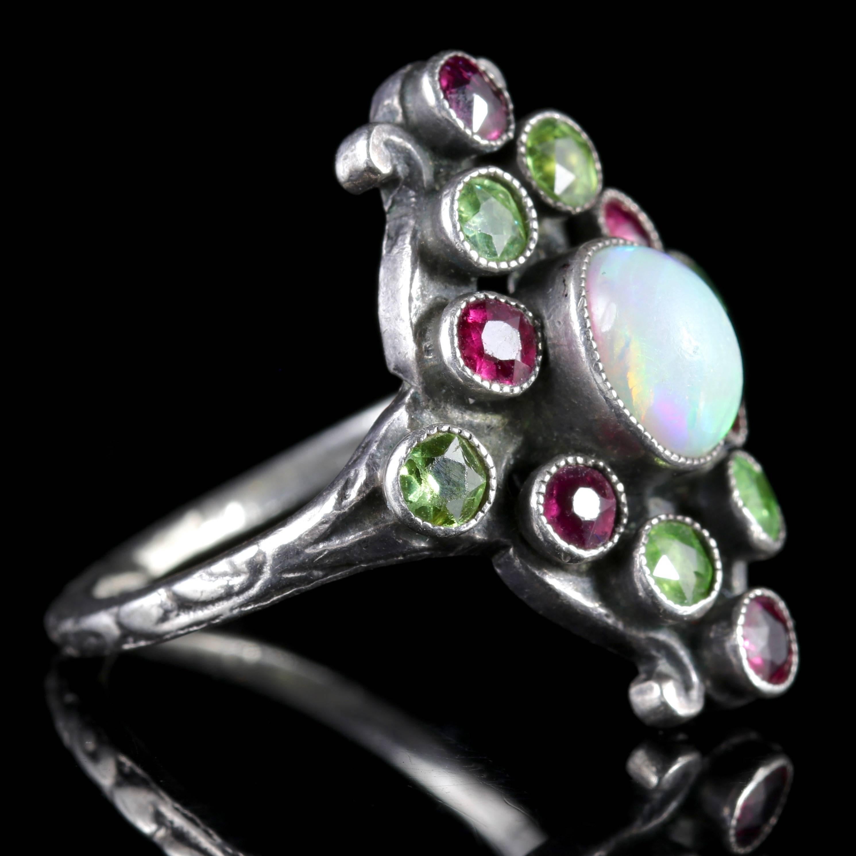 Arts and Crafts Arts & Crafts Peridot Ruby Opal Ring, circa 1900