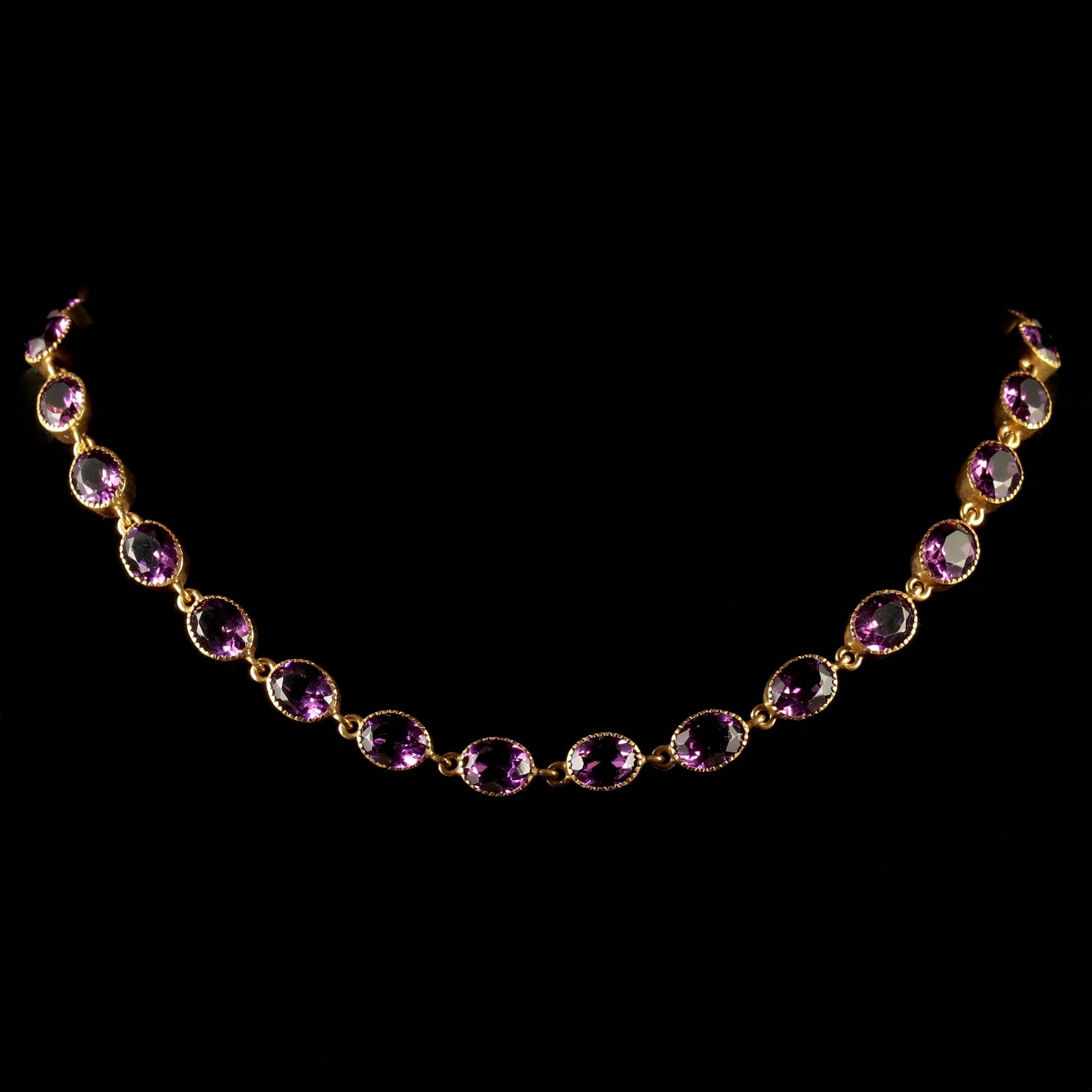 To read more please click continue reading below-

This fabulous antique Amethyst Paste necklace is genuine Victorian Circa 1880.

Each deep violet Paste Stone is milligrain set in a lovely 18ct gilded Gold setting.

Paste is a heavy, very