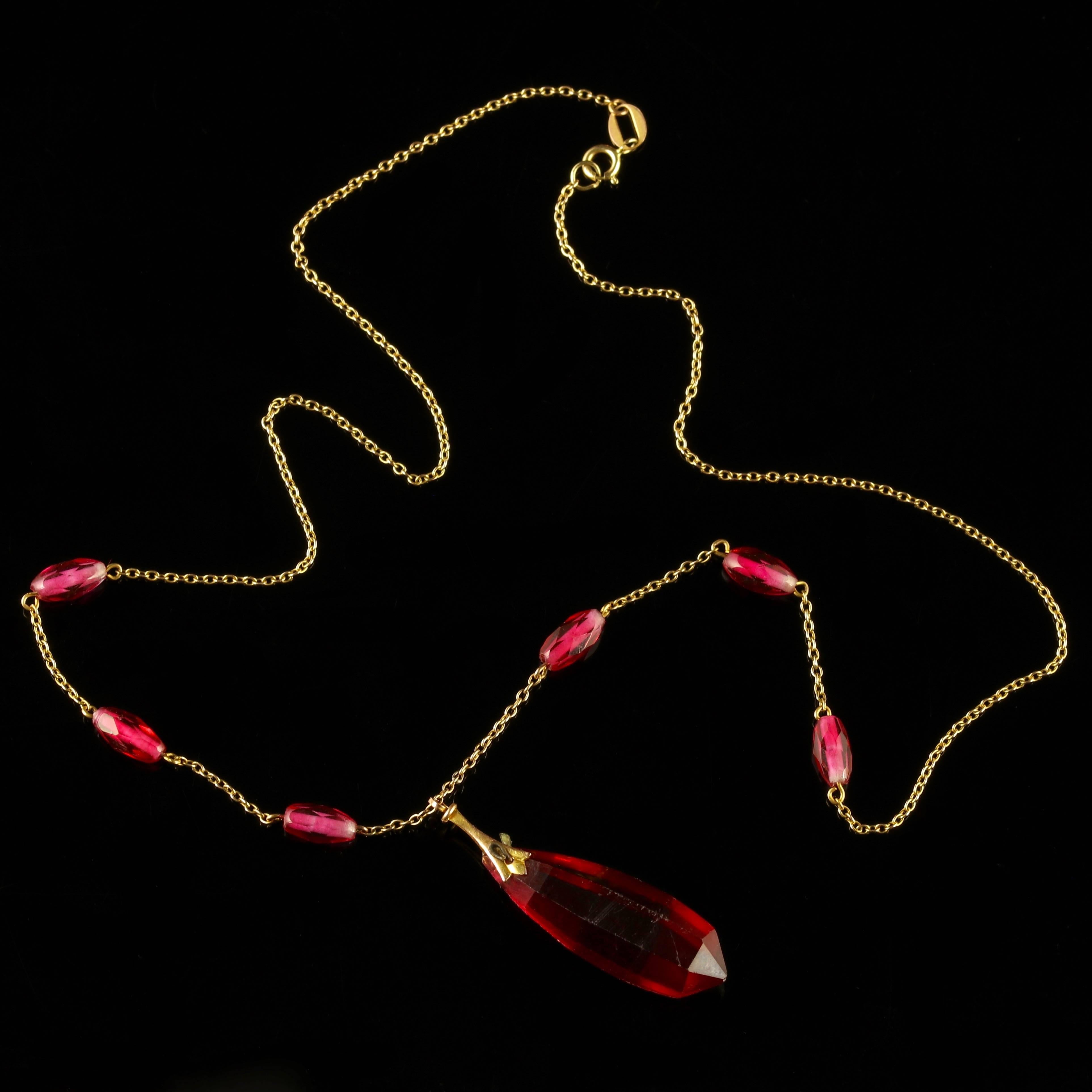 Antique Victorian Cranberry Glass Gold Dropper Necklace In Excellent Condition For Sale In Lancaster, Lancashire