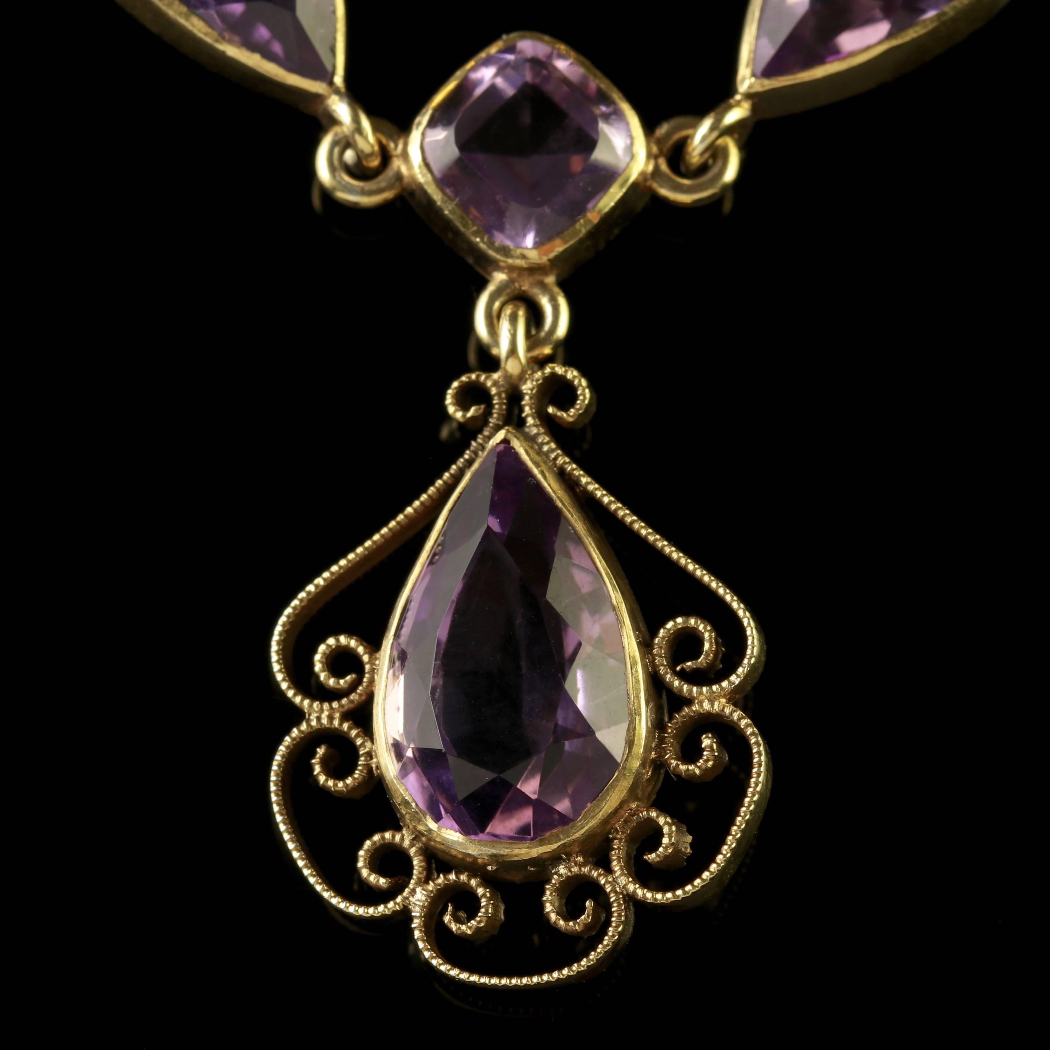 To read more please click continue reading below-

This fabulous antique Amethyst Garland necklace is genuine Victorian, Circa 1900.

The fabulous necklace is adorned with rich purple Amethyst’s set into a beautifully designed gallery. 

Each