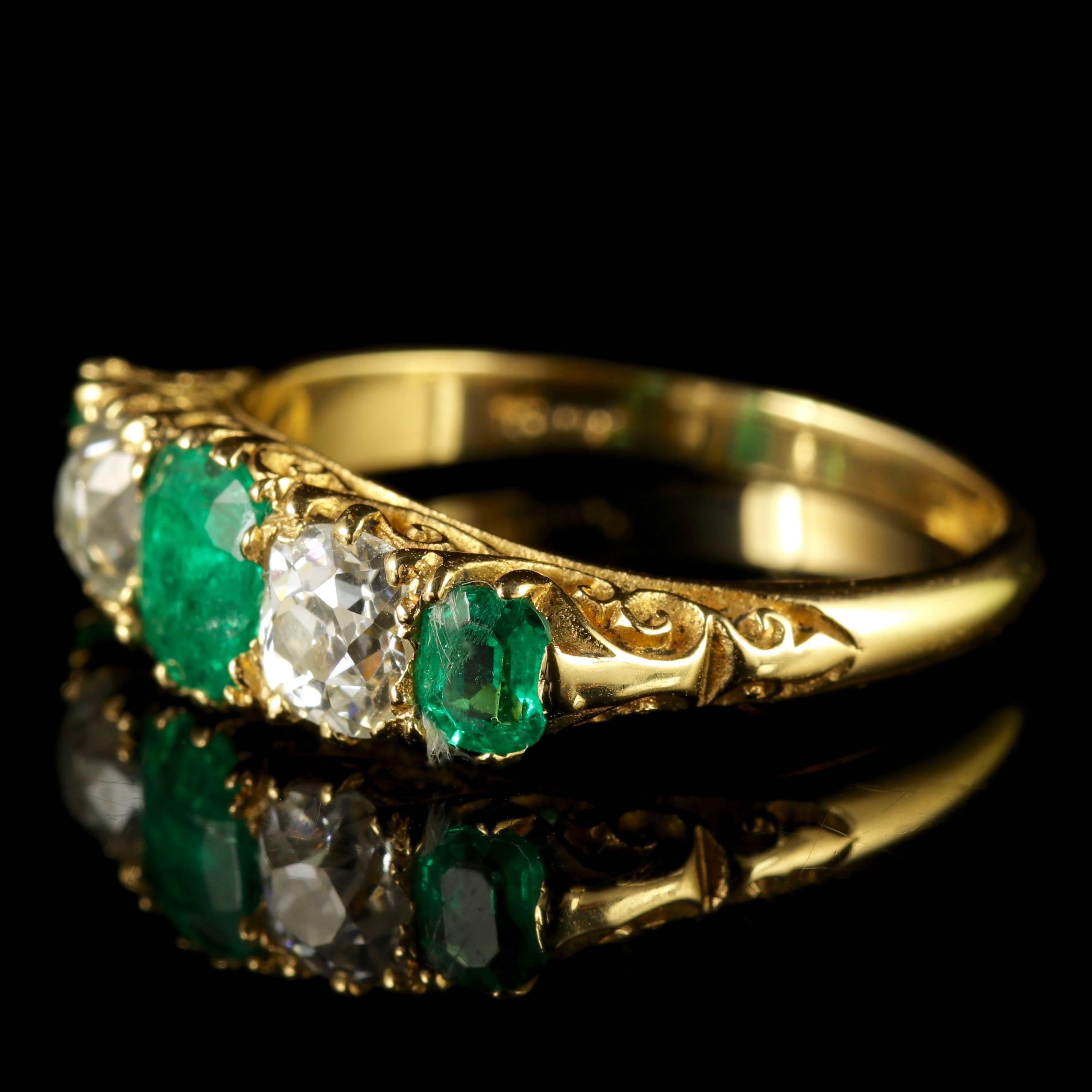 To read more please click continue reading below-
 
This fabulous Antique Victorian ring boasts natural green Emeralds and cushion cut Diamonds set in a lovely 18ct Gold gallery.

This is a genuine Victorian ring, Circa 1900. 

The central Emerald