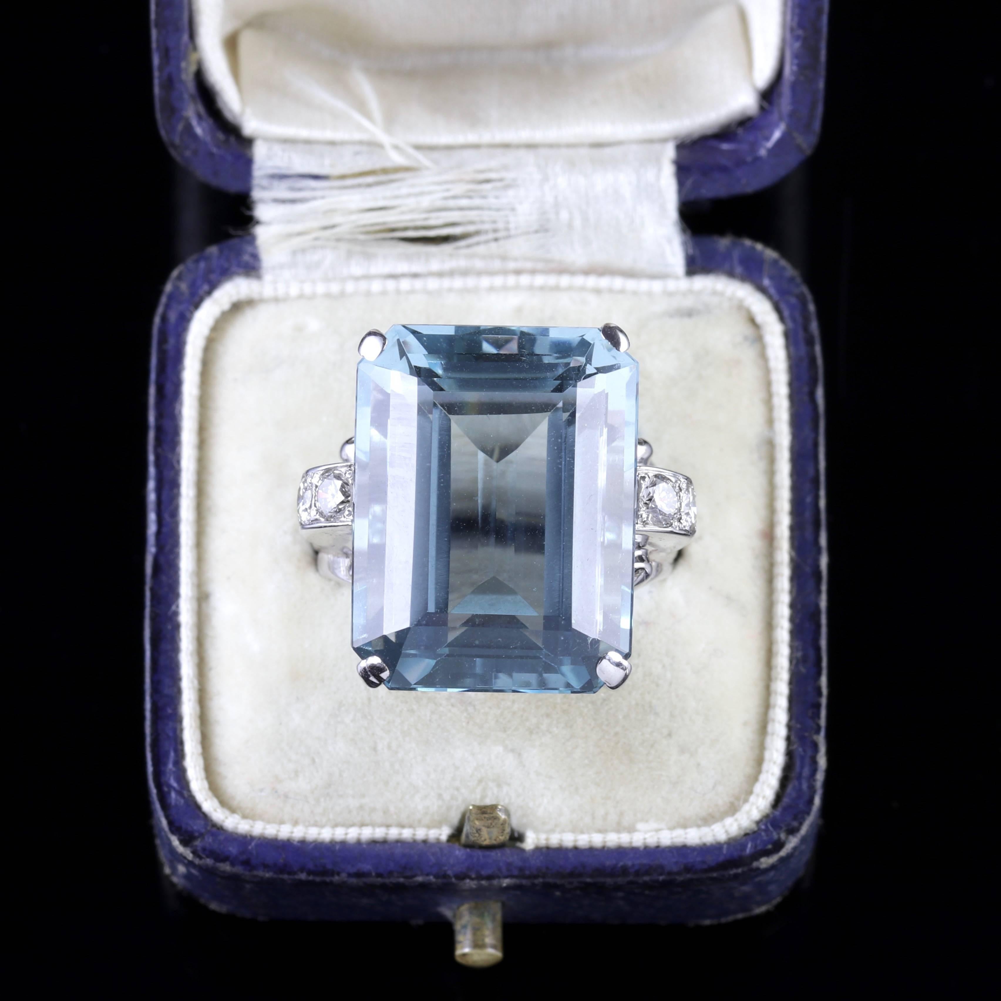 Art Deco Large 28 Carat Aquamarine Diamond Ring 1