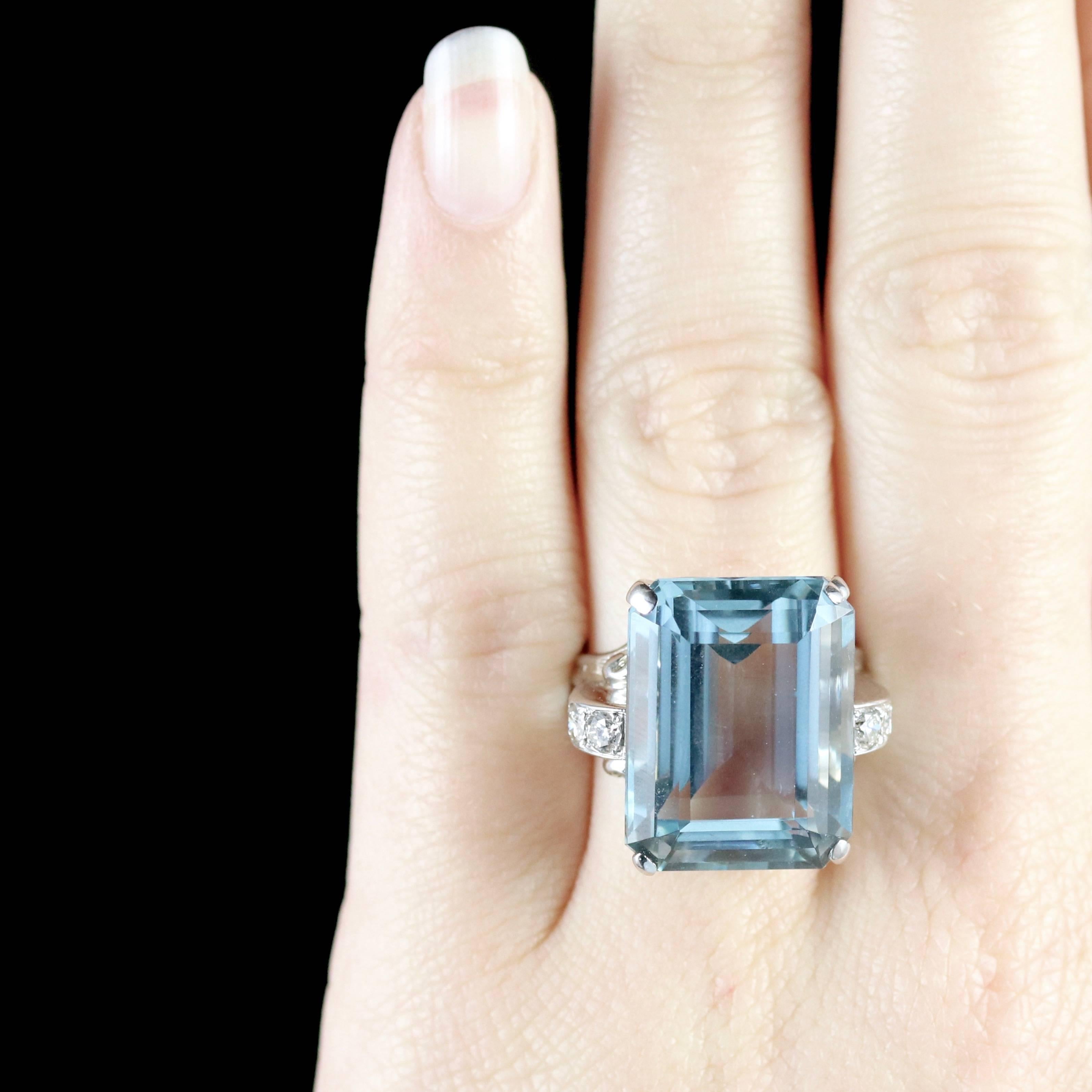 Art Deco Large 28 Carat Aquamarine Diamond Ring 2
