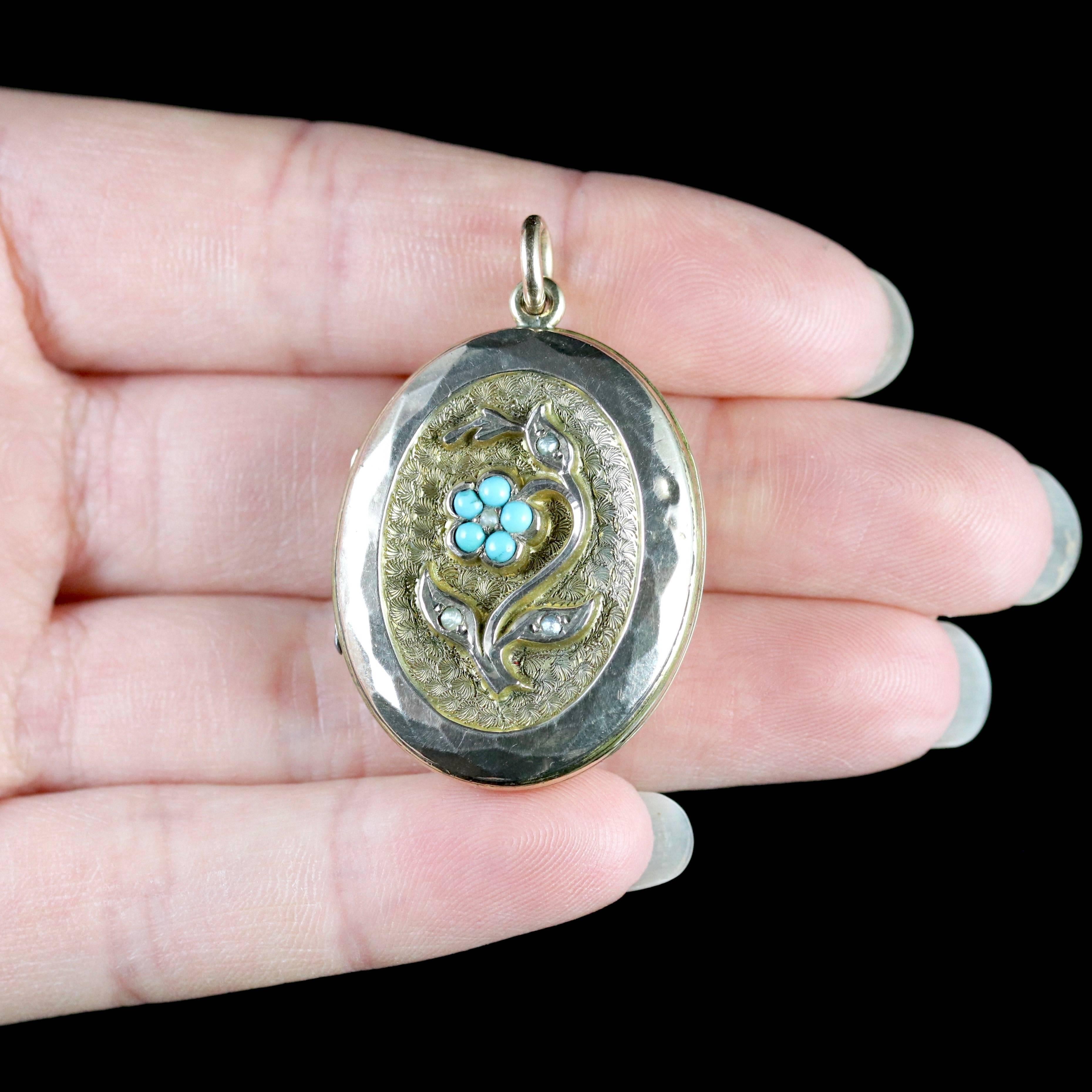 Antique Victorian Turquoise Pearl Forget Me Not Locket, circa 1880 4