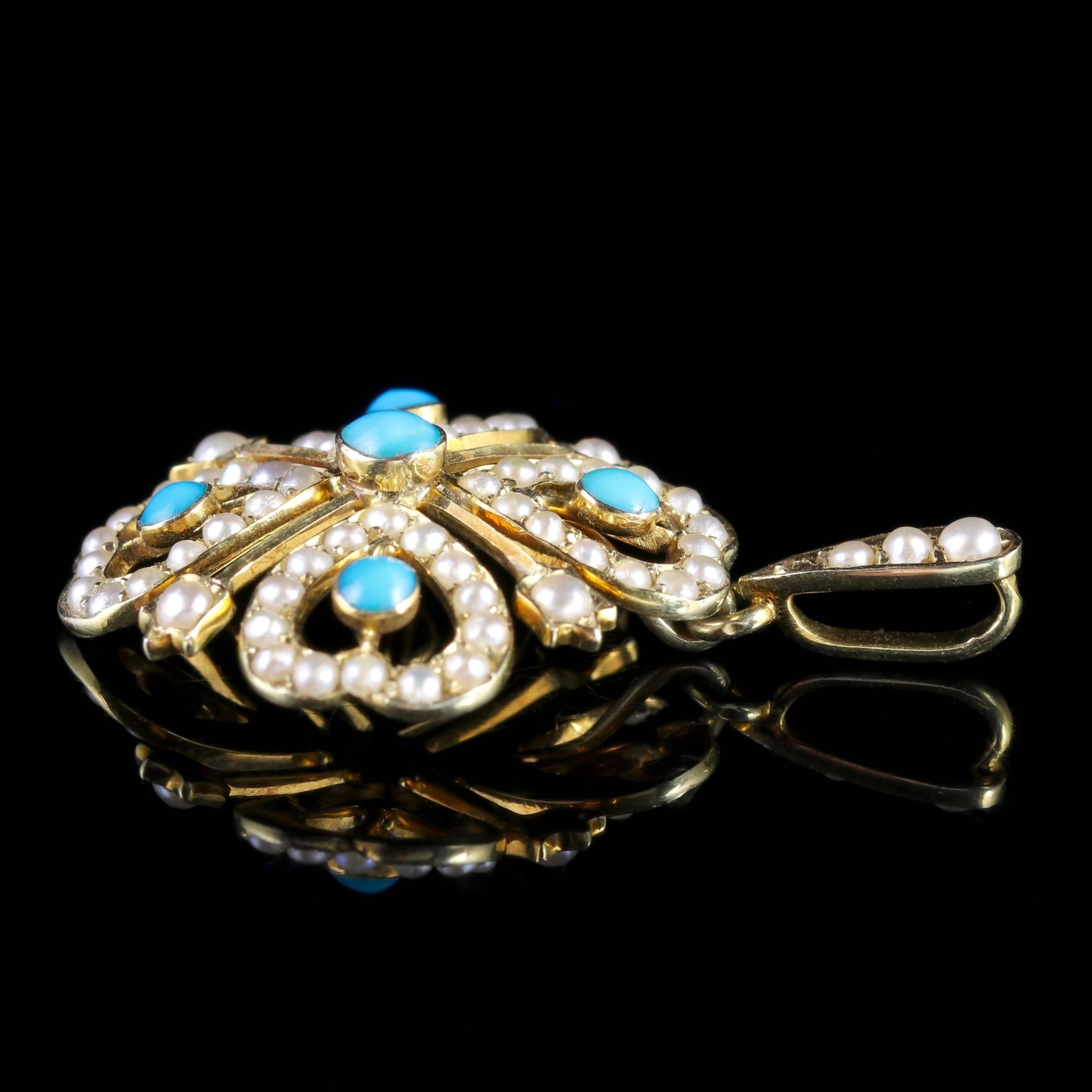 Antique Victorian Turquoise Pearl Pendant 18 Carat Gold 2