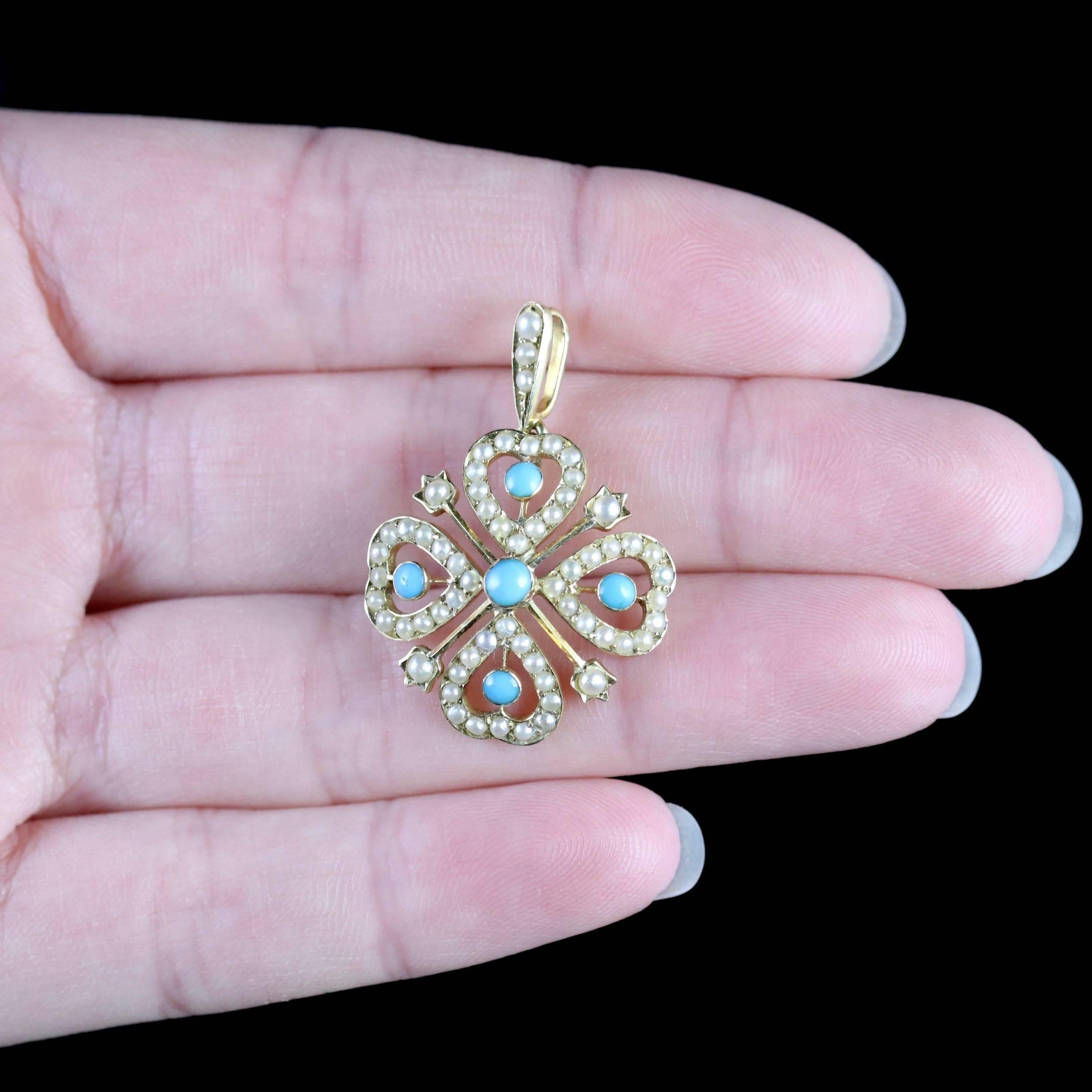 Antique Victorian Turquoise Pearl Pendant 18 Carat Gold 1