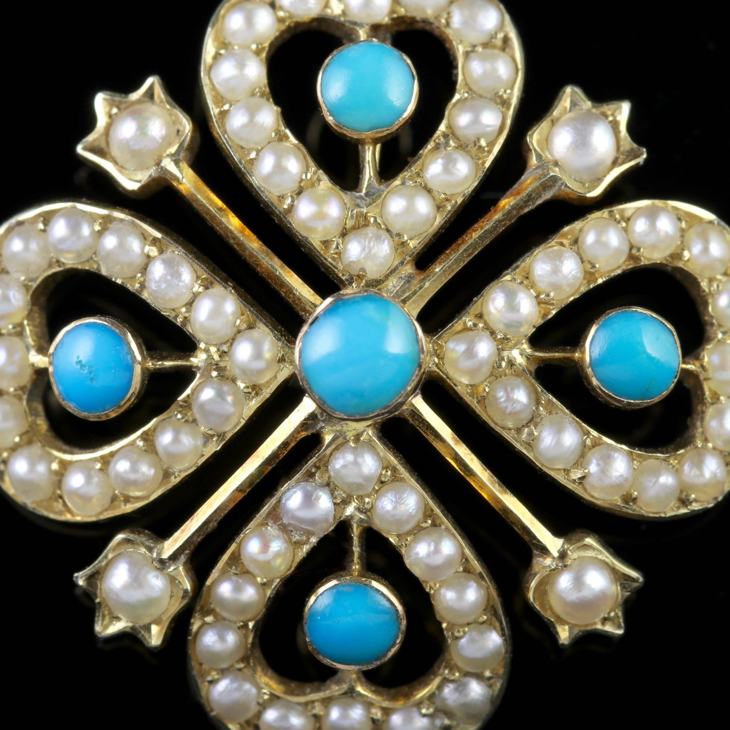 To read more please click continue reading below-

This genuine antique 18ct Yellow Gold Victorian Turquoise and Pearl pendant is Circa 1880.

Five Turquoise stones adorn this lovely pendant and complimented by rich creamy Pearls.

The Turquoise is