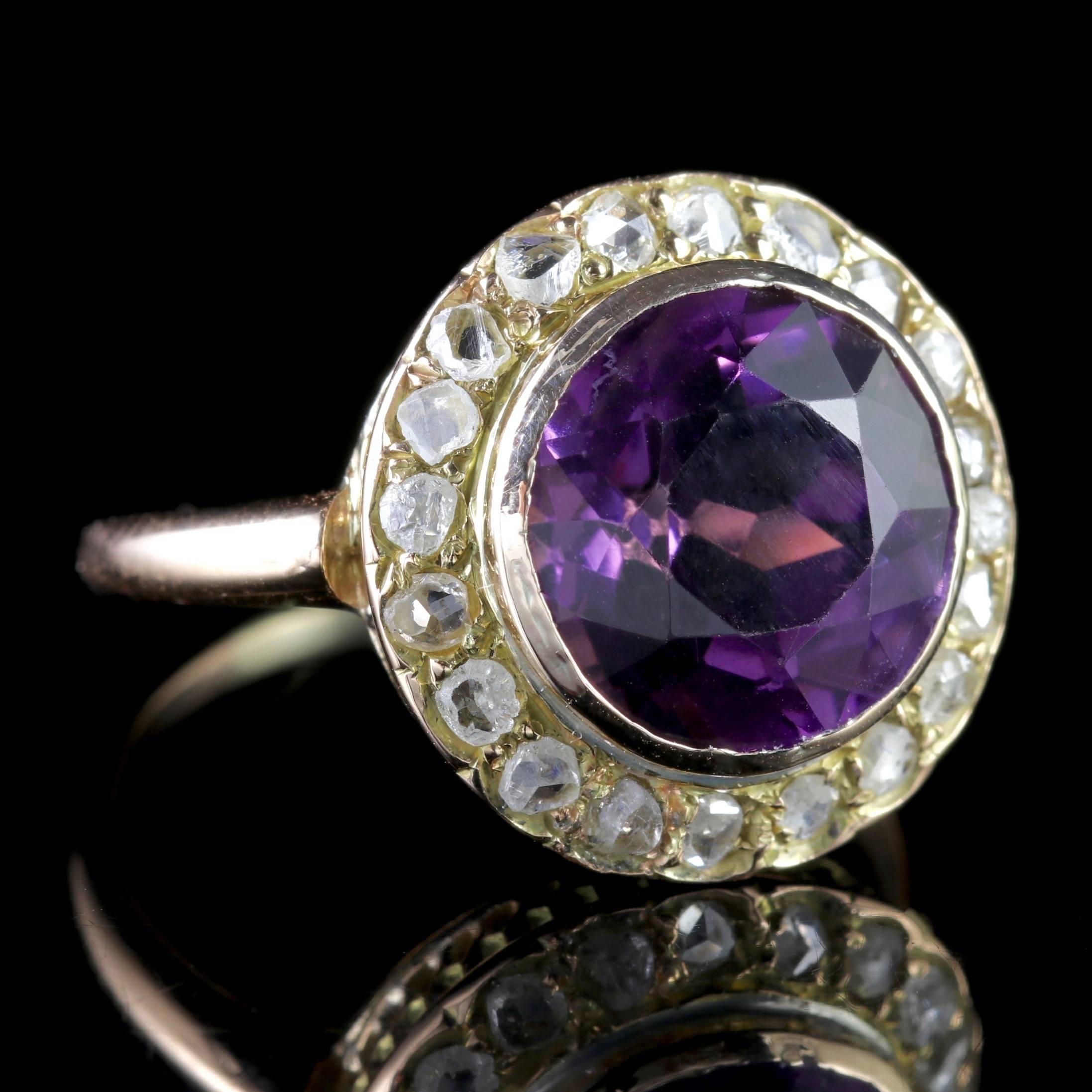 Women's Antique Victorian Amethyst Diamond Cluster Ring 18 Carat Gold For Sale