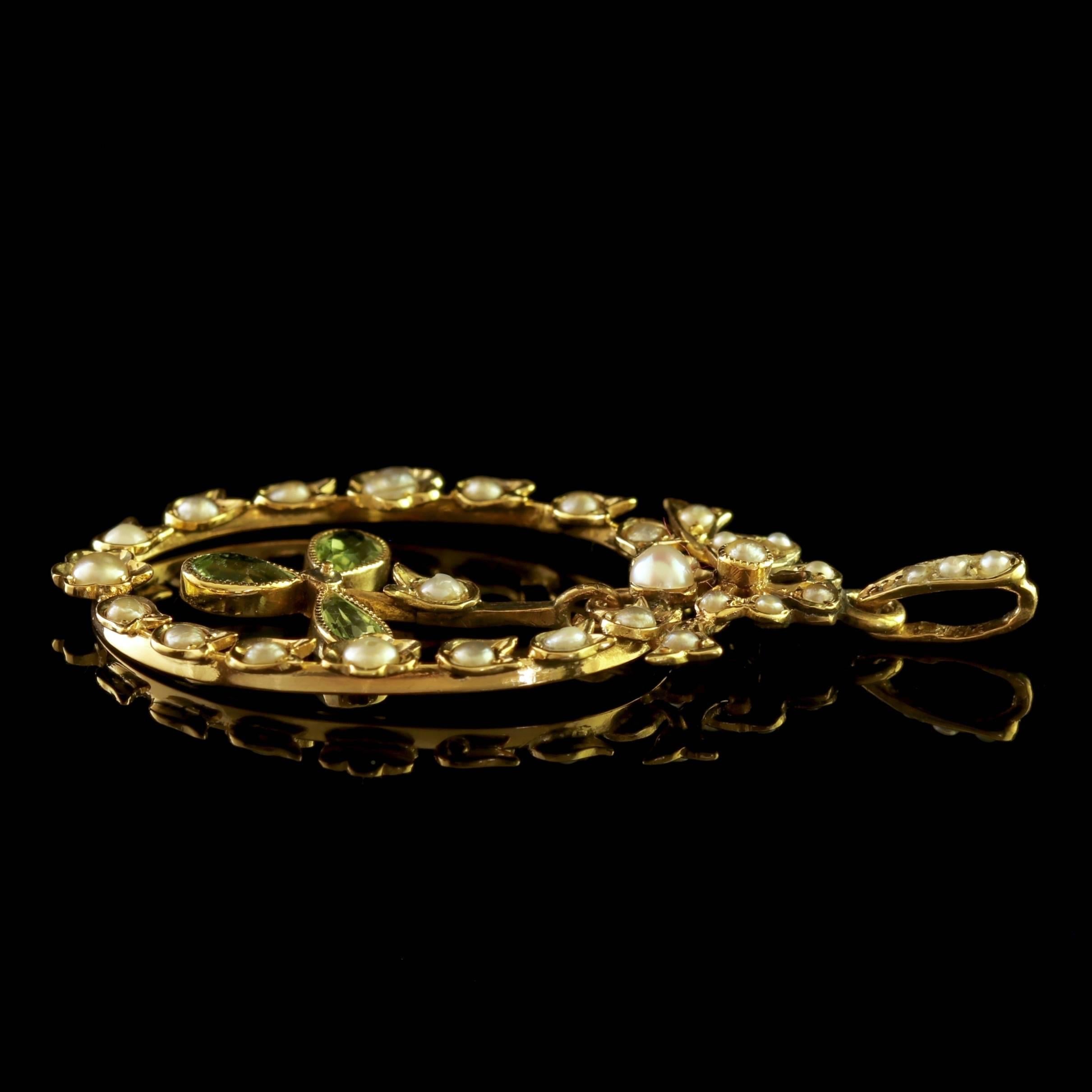 Antique Edwardian Peridot Pearl Pendant 18 Carat Gold For Sale 1
