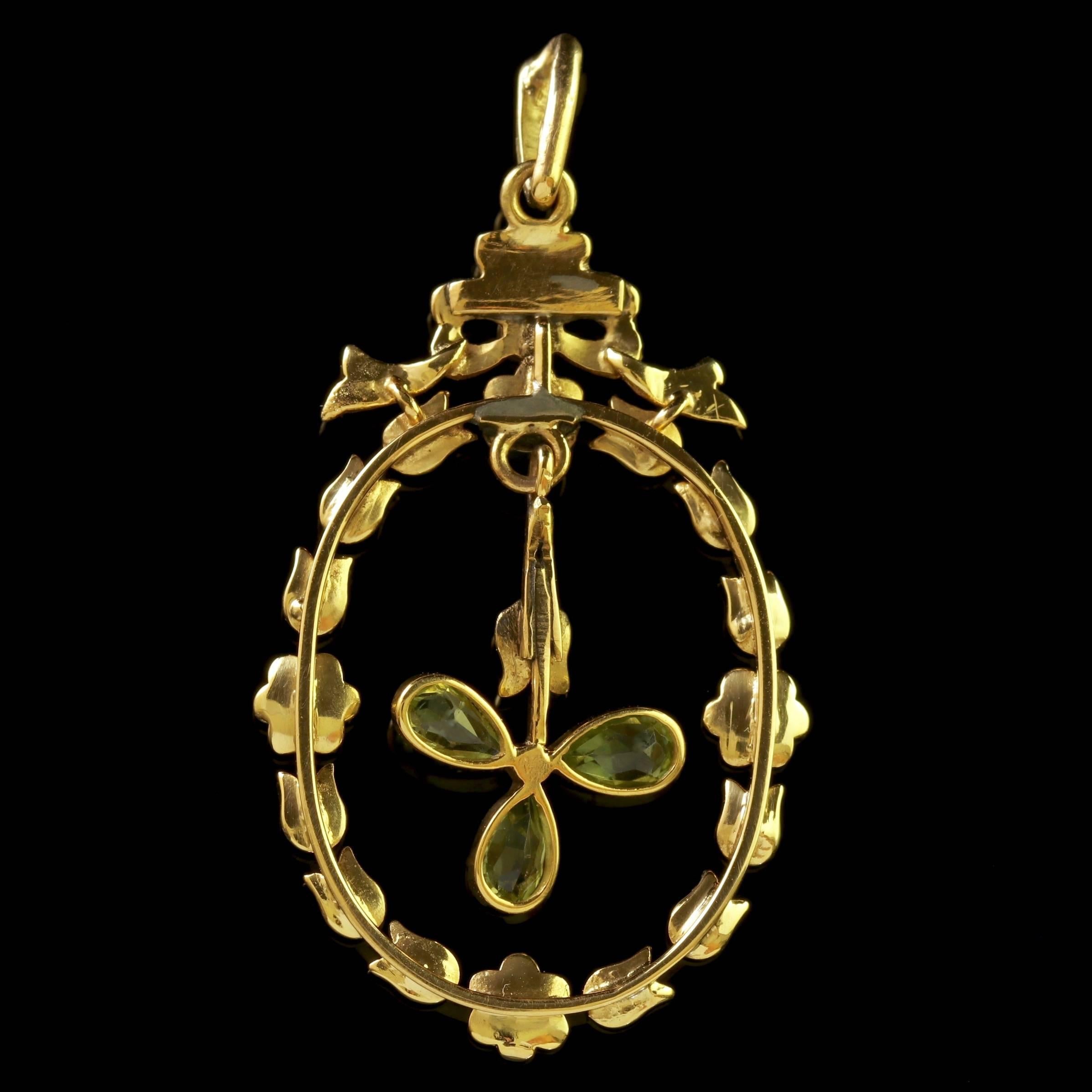 Women's Antique Edwardian Peridot Pearl Pendant 18 Carat Gold For Sale