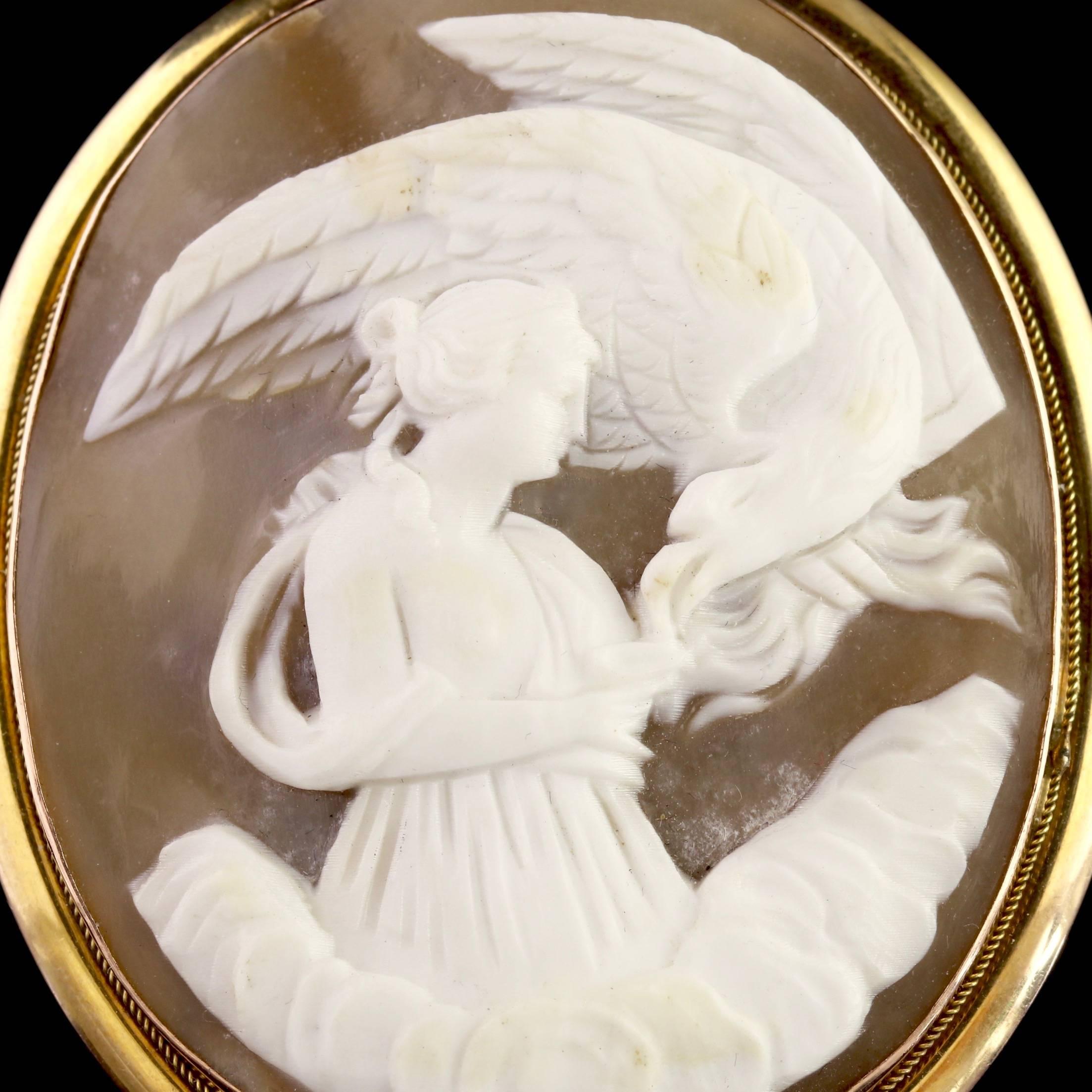To read more please click continue reading below-

This fabulous antique 9ct Yellow Gold Bull mouth Shell Victorian Cameo pendant is circa 1880.

The detailed carving is from a Bull Mouth Shell Cameo which is very well executed portraying a lovely