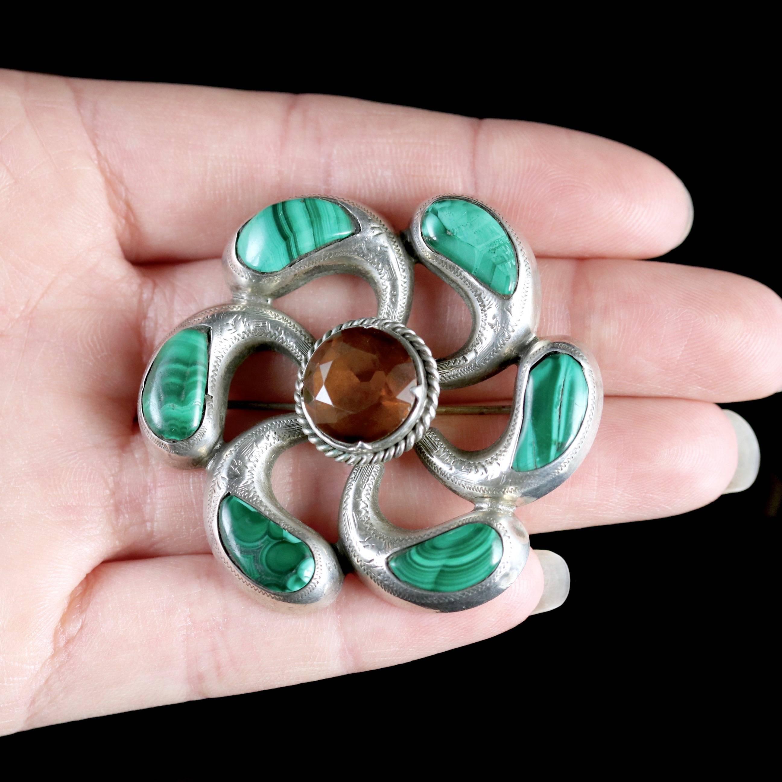 Antique Victorian Scottish Citrine Malachite Brooch, circa 1880s 3