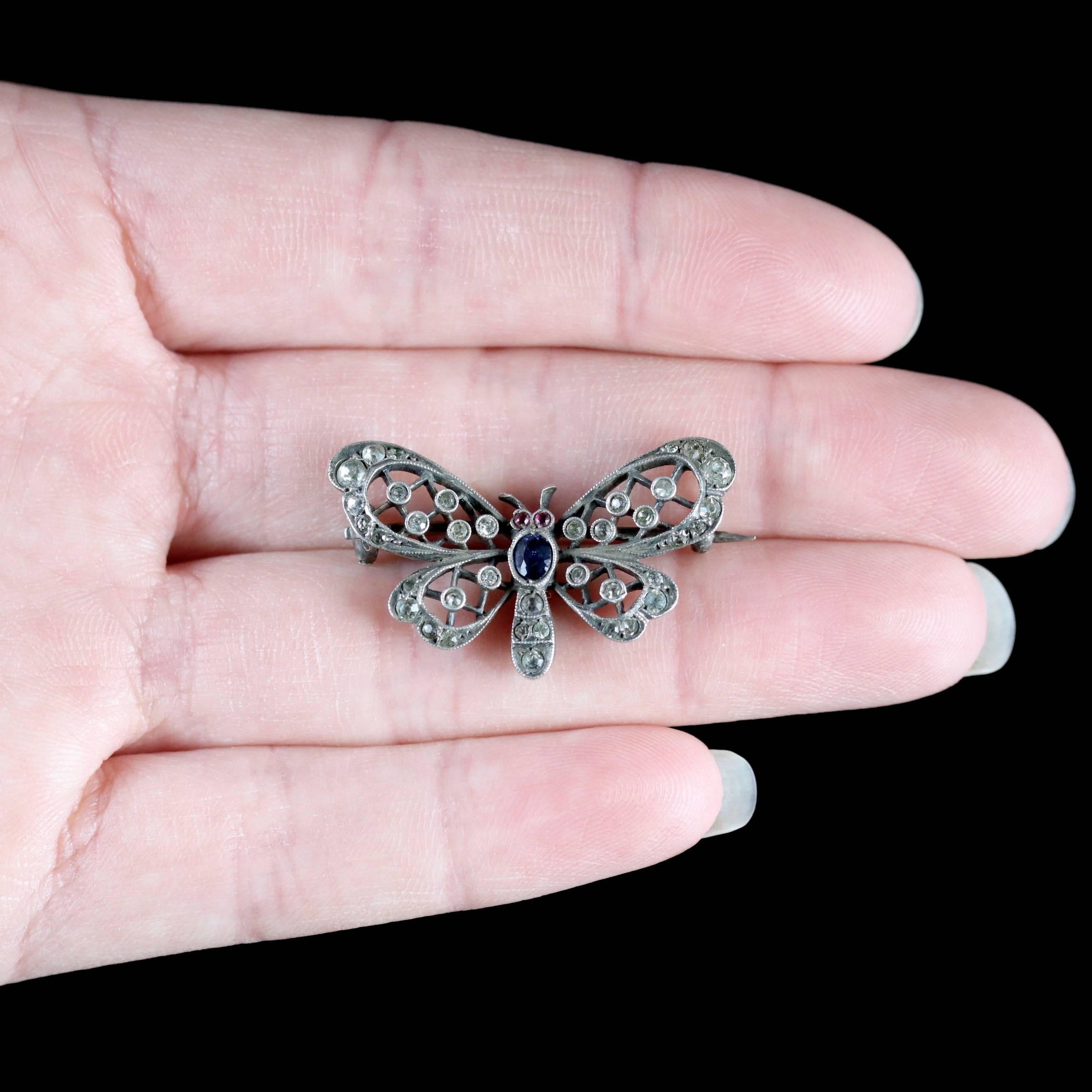 Antique Victorian Silver Butterfly Paste Brooch, circa 1900 For Sale 2