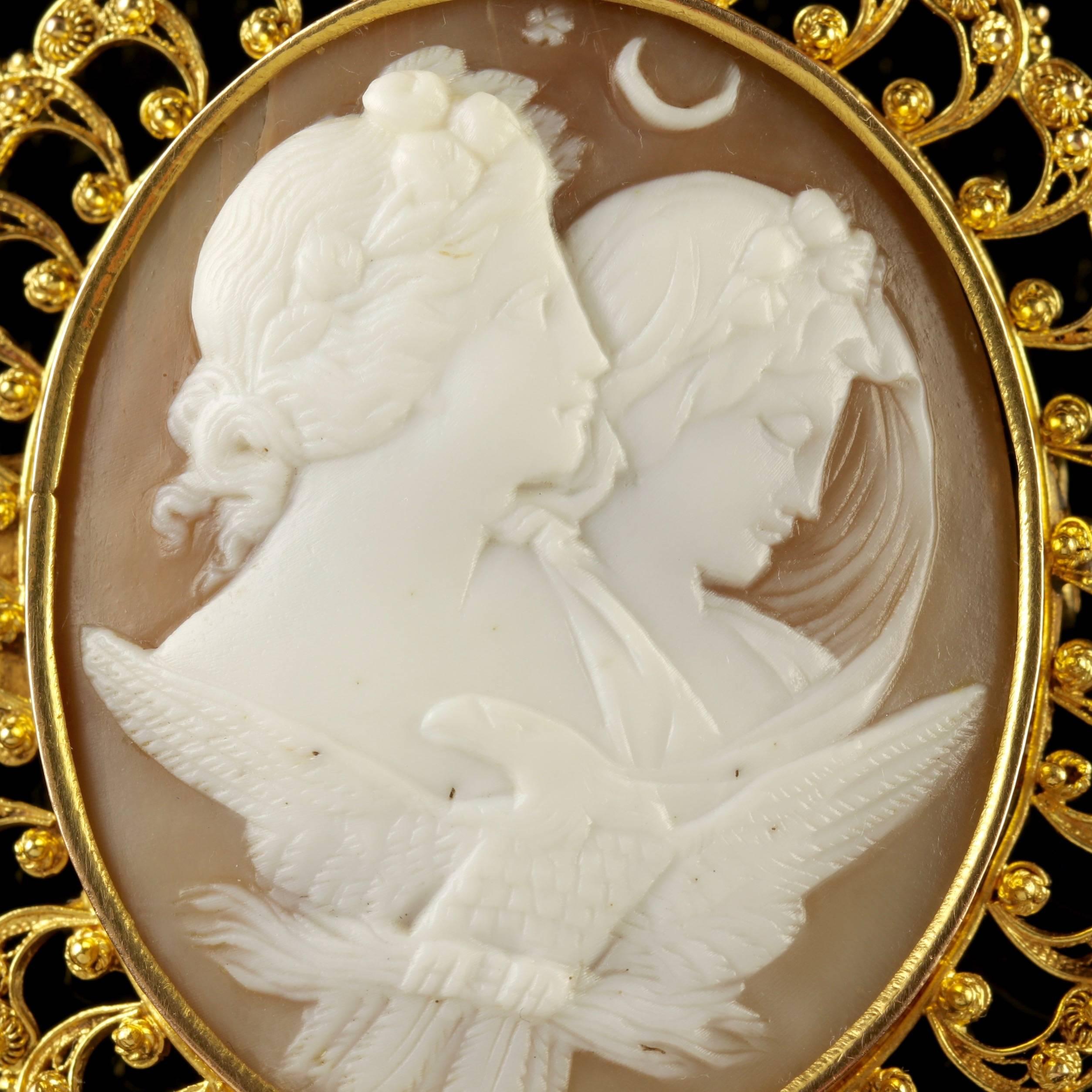 To read more please click continue reading below-

This genuine antique Victorian 18ct Yellow Gold night and day brooch is circa 1880.

Set with lovely detail, this fabulous Cameo depicts the Greek mythological scene night and day in which Nyx -