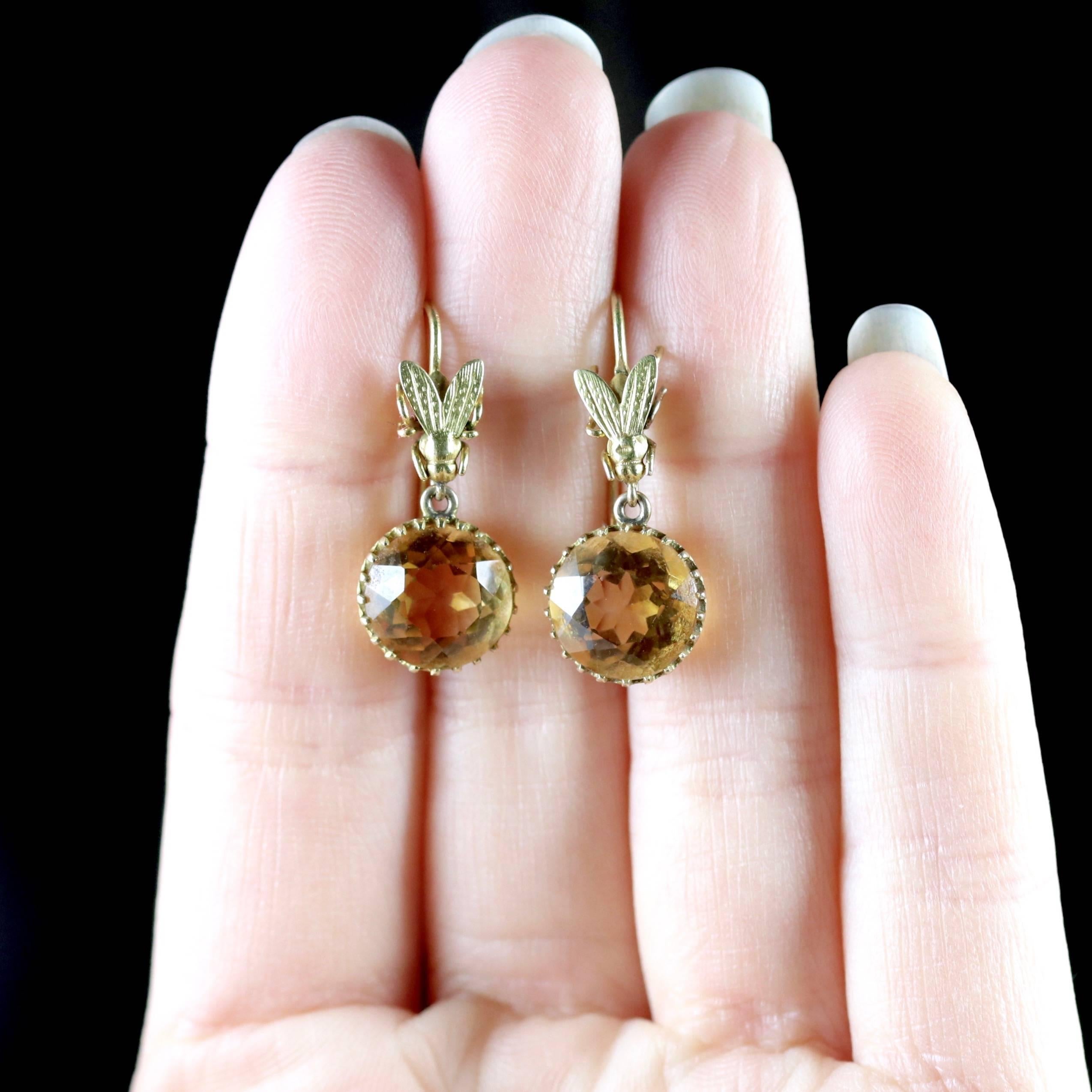 Antique Victorian 9 Carat Gold Citrine Bee Earrings, circa 1890 3