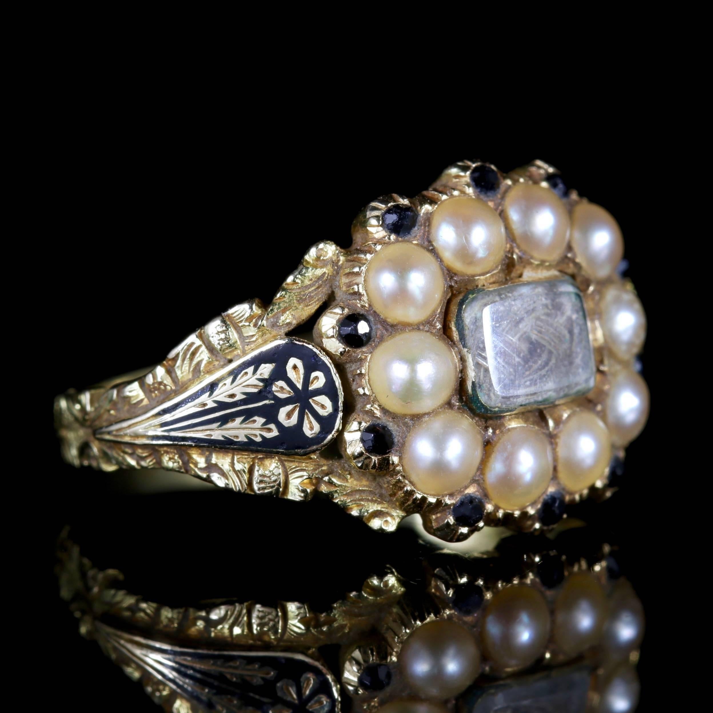 Antique Georgian 18 Carat Gold Pearl Sapphire Mourning Ring, circa 1780 1