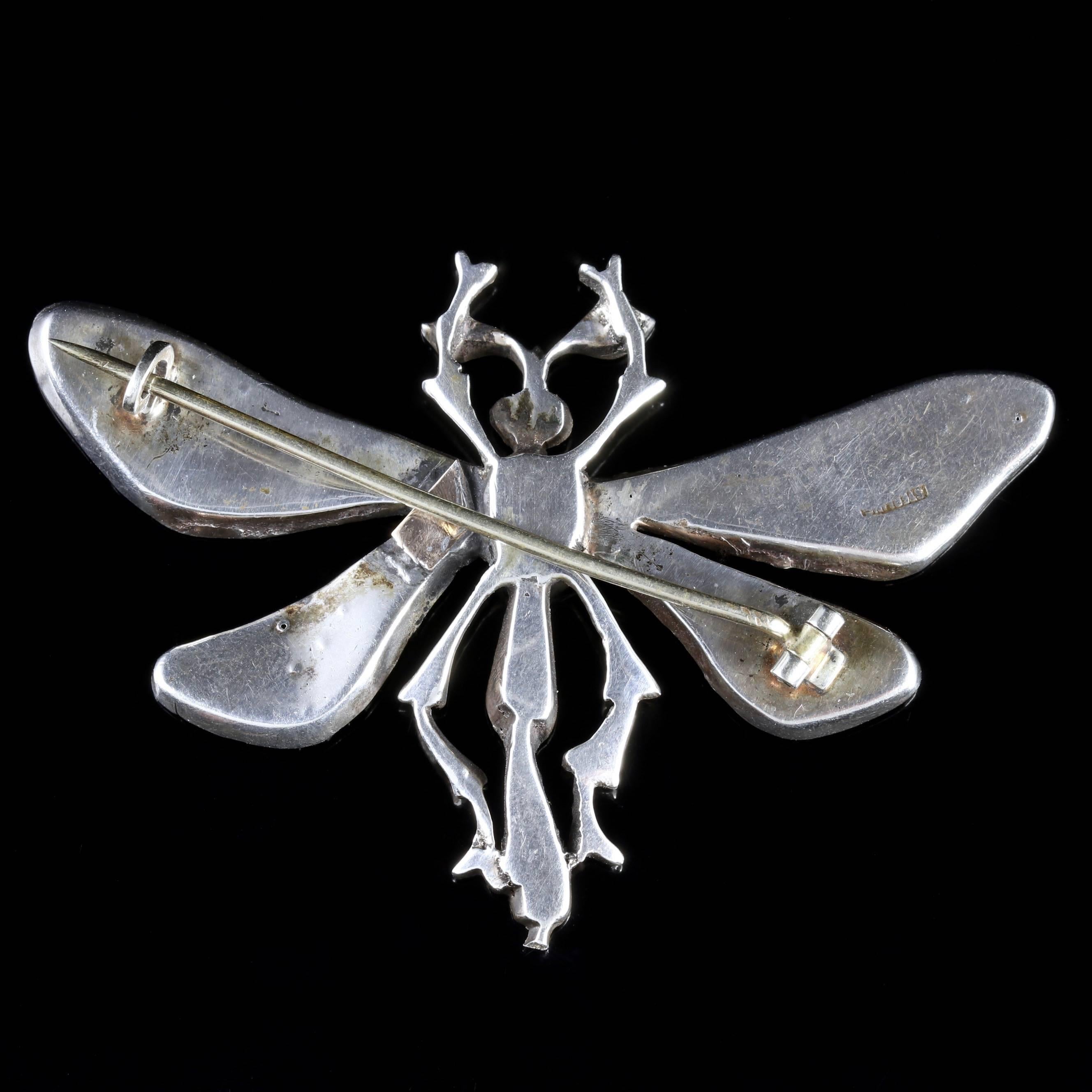Antique Victorian Silver Green Paste Dragonfly Brooch, circa 1900 In Excellent Condition In Lancaster, Lancashire