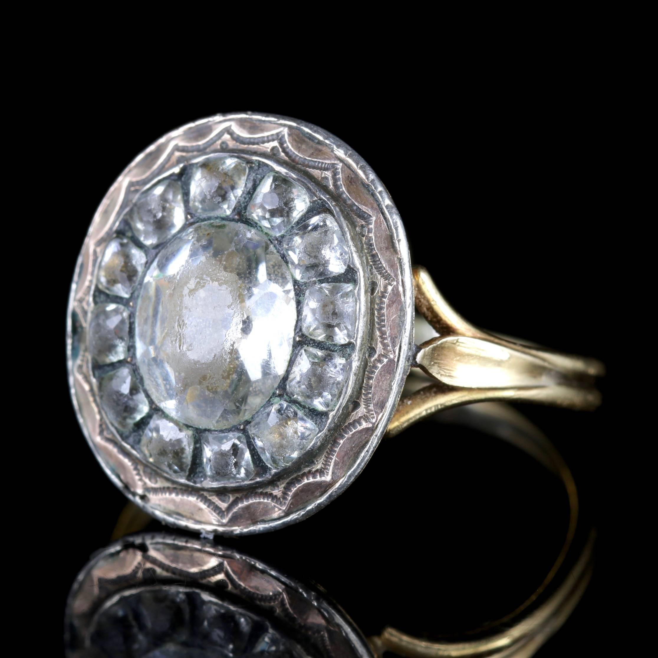 To read more please click continue reading below-

This fabulous 18th Century ring is set in 18ct Yellow Gold and adorned with lovely old cut Paste Stones.

This is all original from the Georgian era, circa 1760.

Due to its age, Georgian jewellery