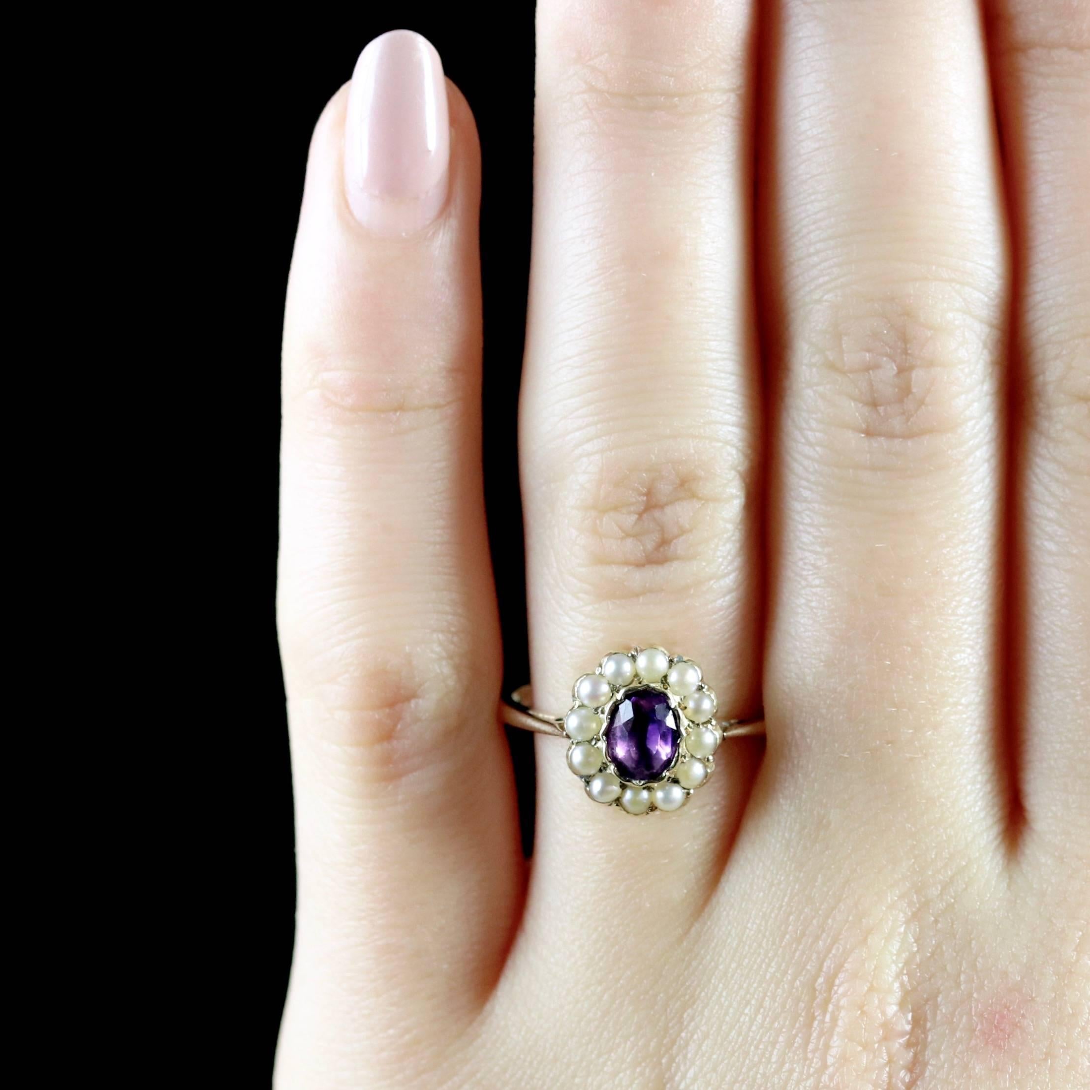 Antique Victorian Amethyst Pearl Cluster Ring 18ct Gold, circa 1900 3
