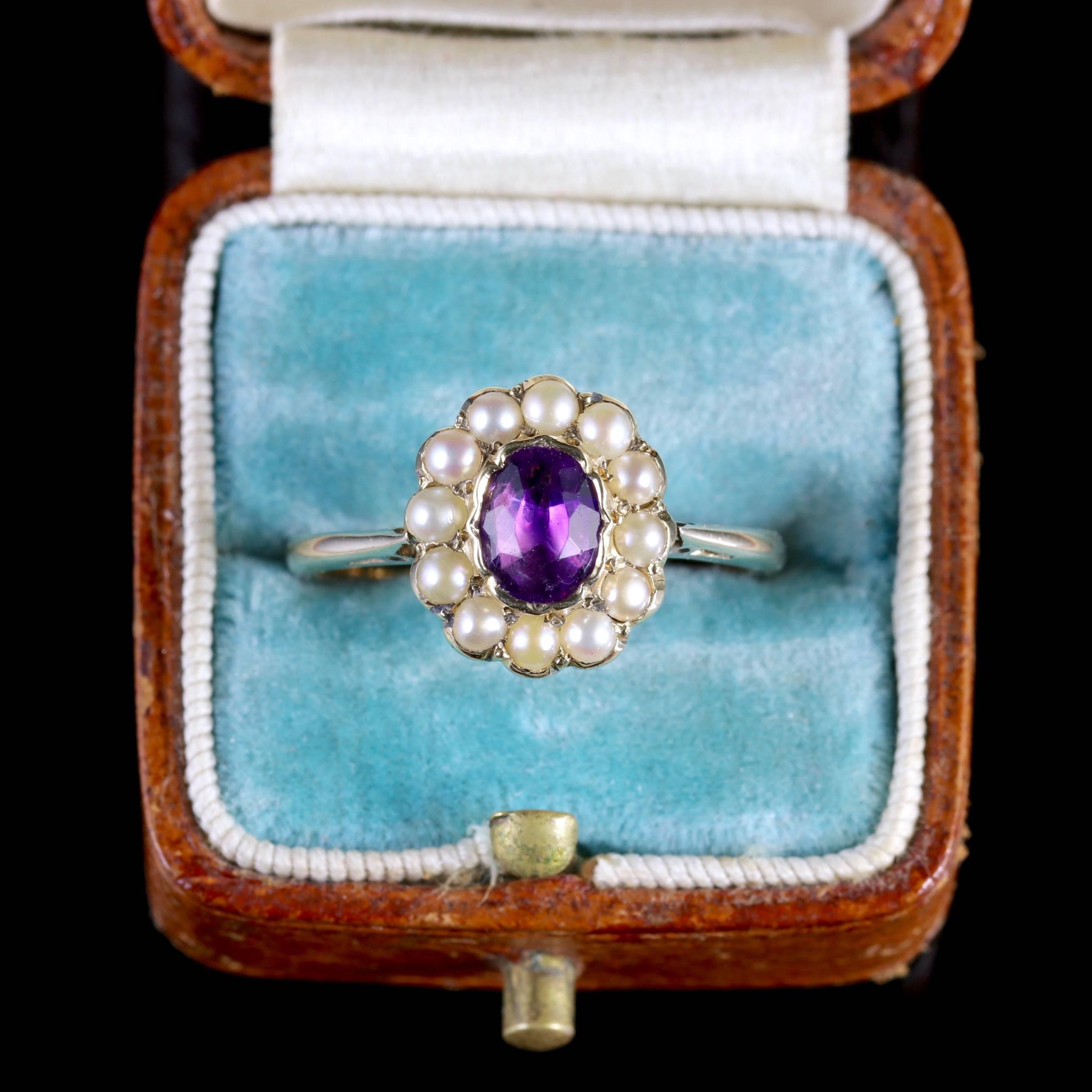 Antique Victorian Amethyst Pearl Cluster Ring 18ct Gold, circa 1900 2