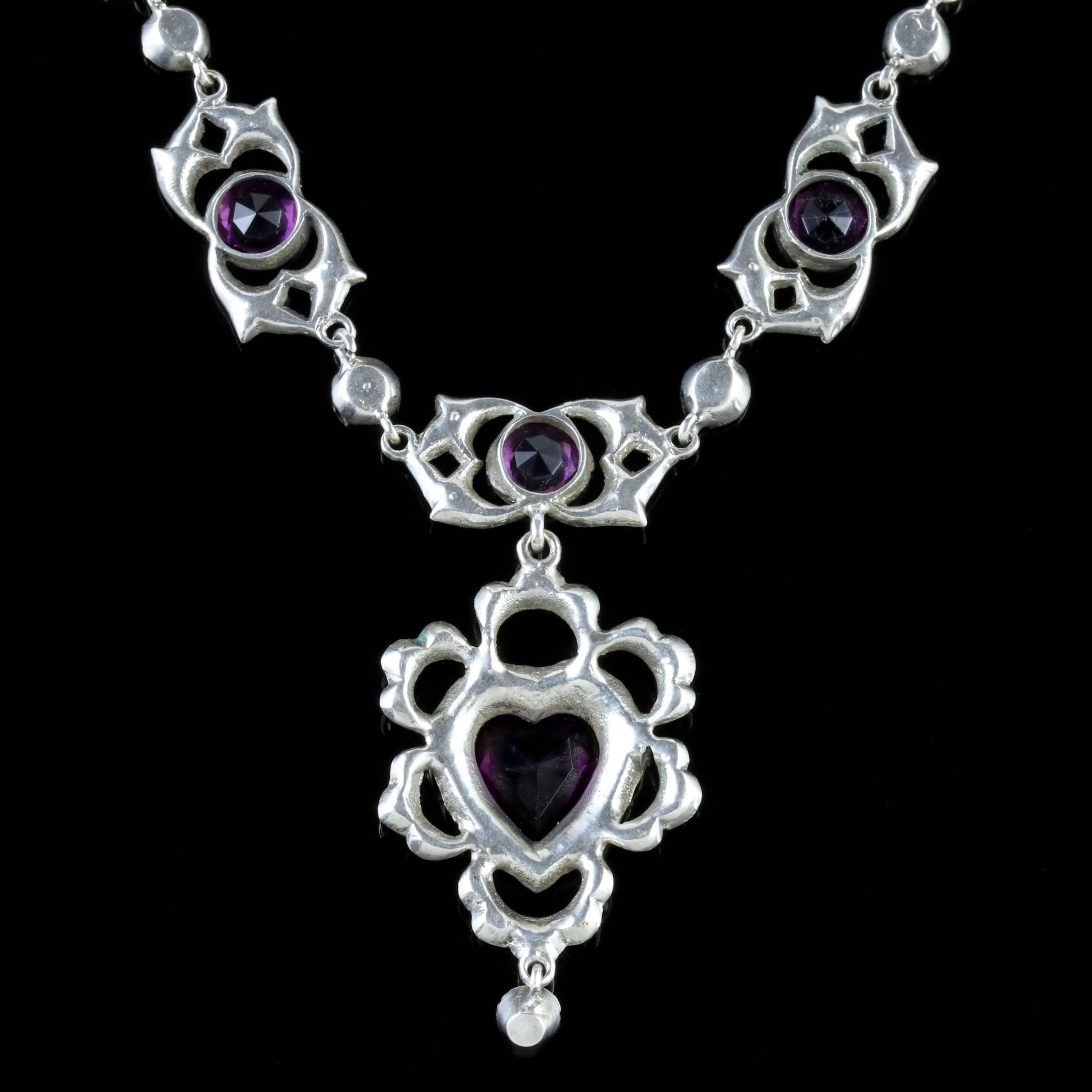 Women's Antique Victorian Silver Paste Heart Lavaliere Necklace, circa 1900 For Sale