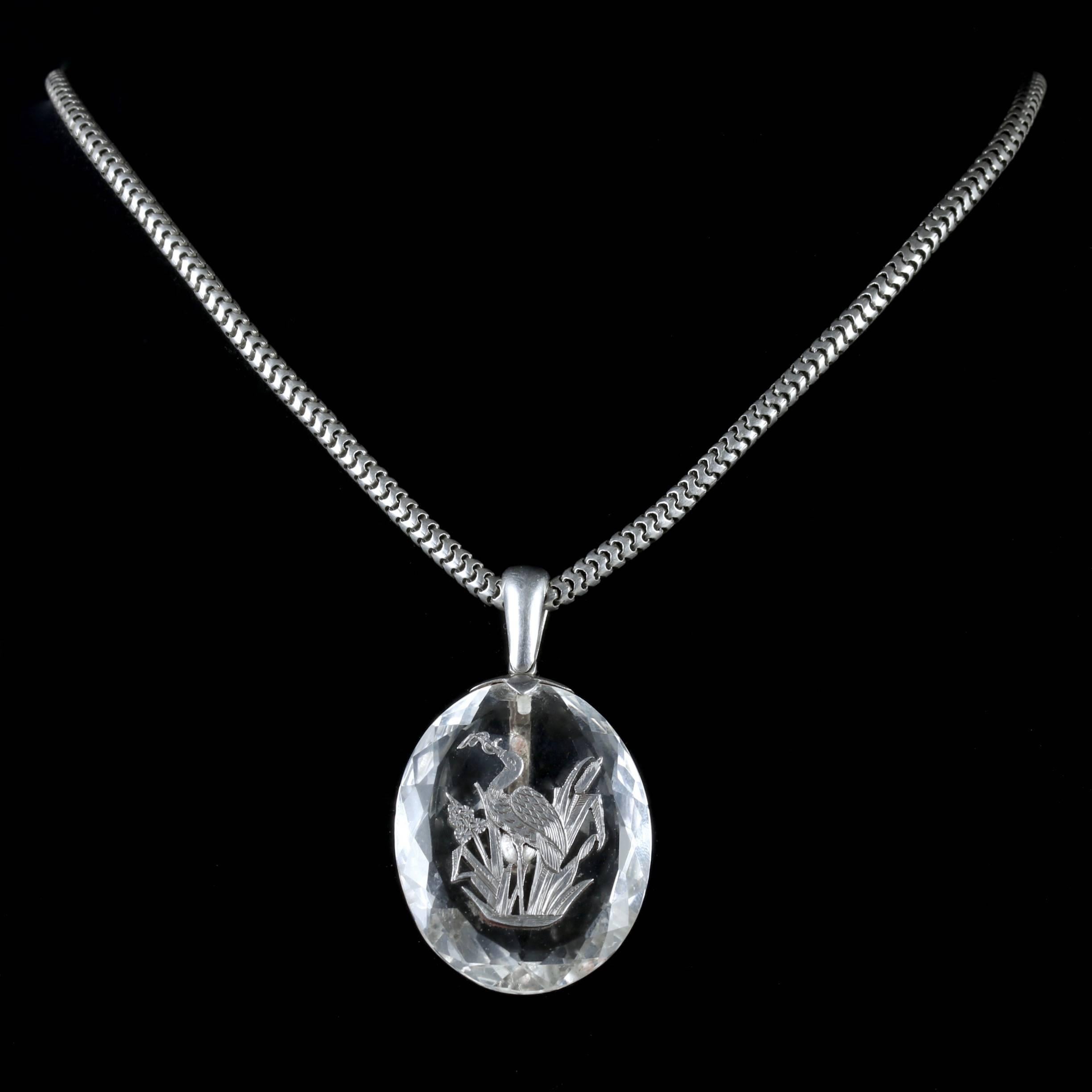 Antique Victorian Rock Crystal Stork Pendant Silver Chain, circa 1900 In Excellent Condition In Lancaster, Lancashire