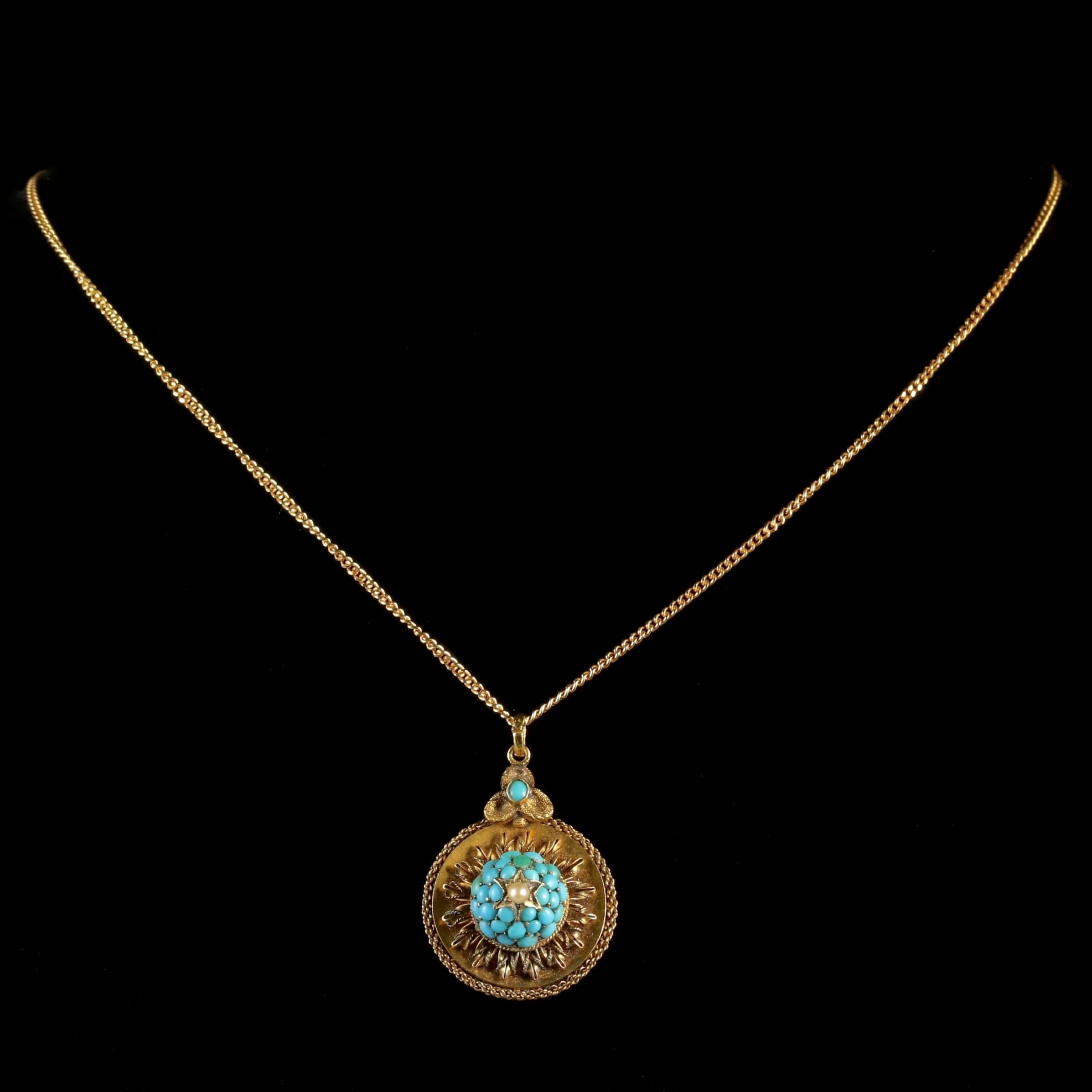 This beautiful antique Victorian 18ct Gold Turquoise locket pendant is Circa 1880.

The wonderful pendant is decorated with a cluster of bright Turquoise stones and crowned on top with a Gold star and lustrous Pearl. 

Turquoise stones are