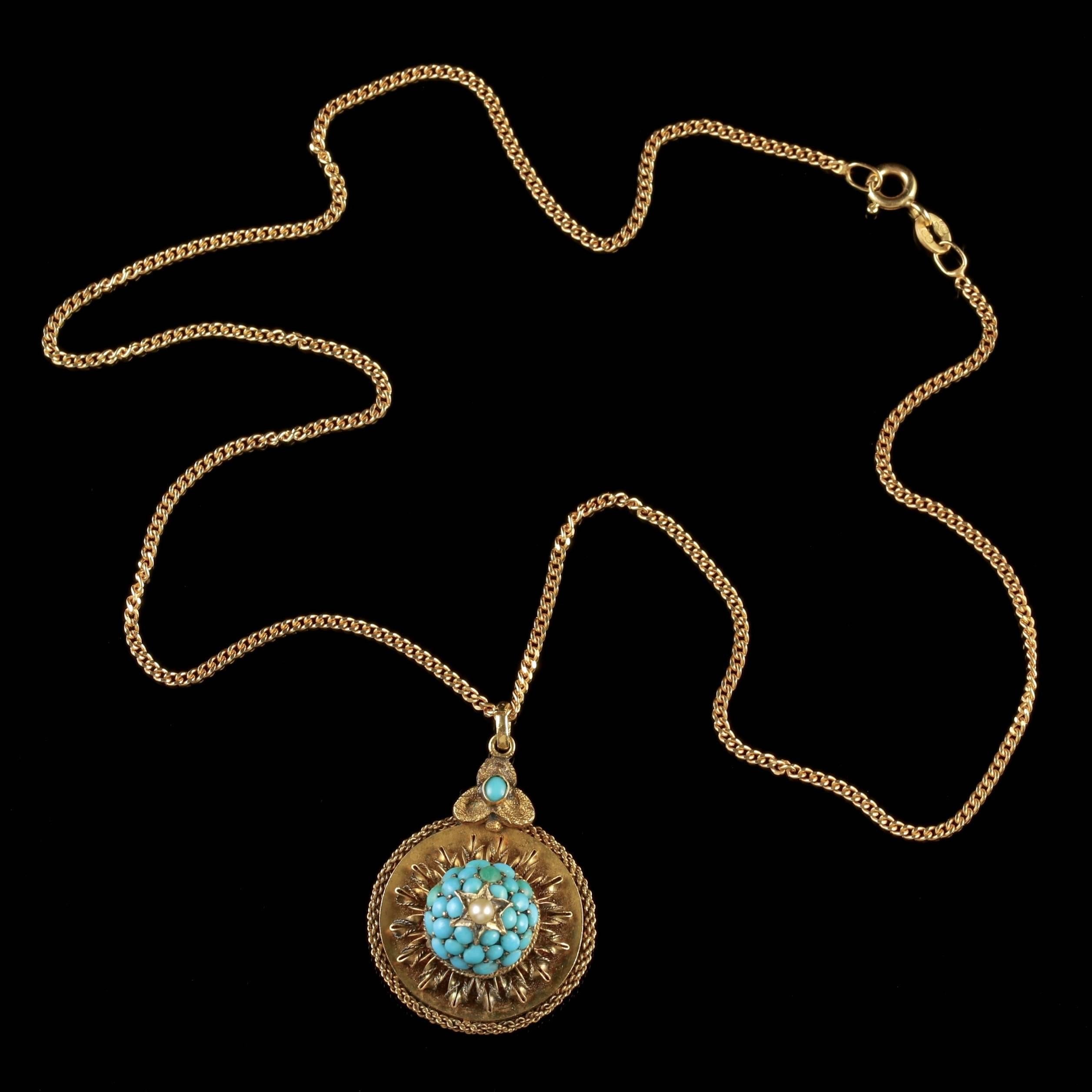 Antique Victorian Gold Turquoise Locket Pendant Necklace, circa 1880 1
