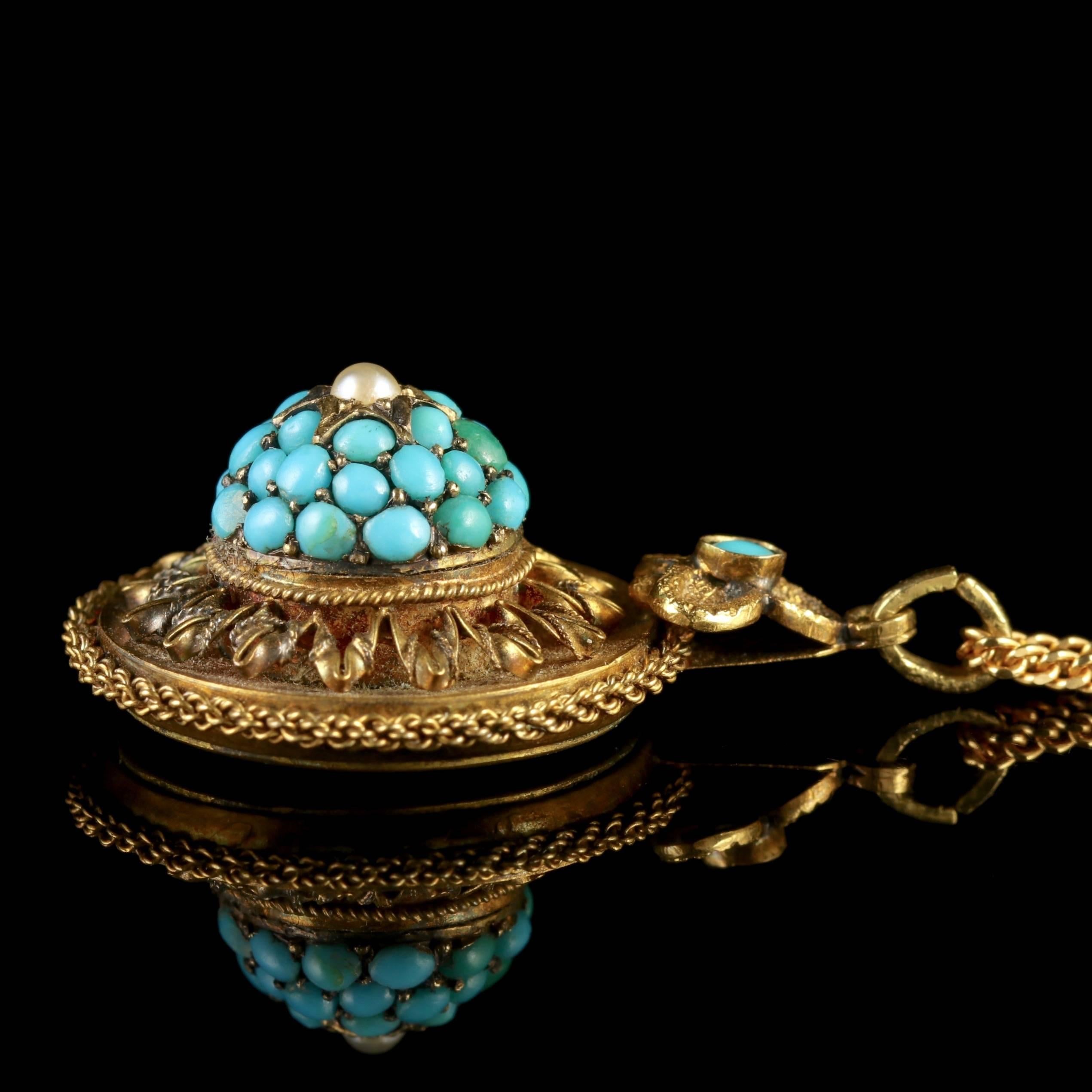 Antique Victorian Gold Turquoise Locket Pendant Necklace, circa 1880 3