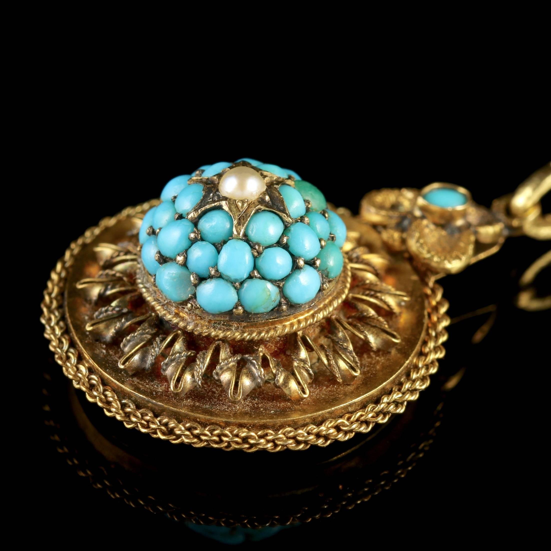 Antique Victorian Gold Turquoise Locket Pendant Necklace, circa 1880 2