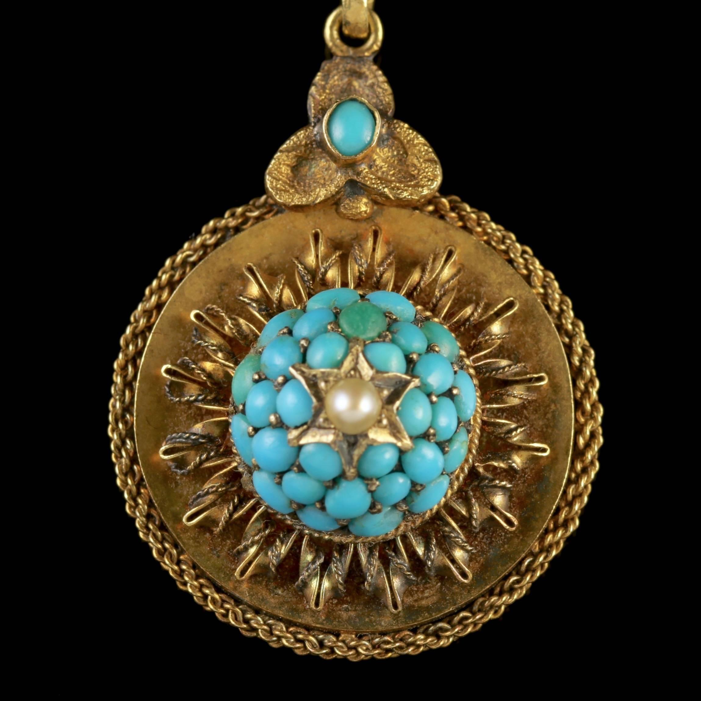 Antique Victorian Gold Turquoise Locket Pendant Necklace, circa 1880 In Excellent Condition In Lancaster, Lancashire