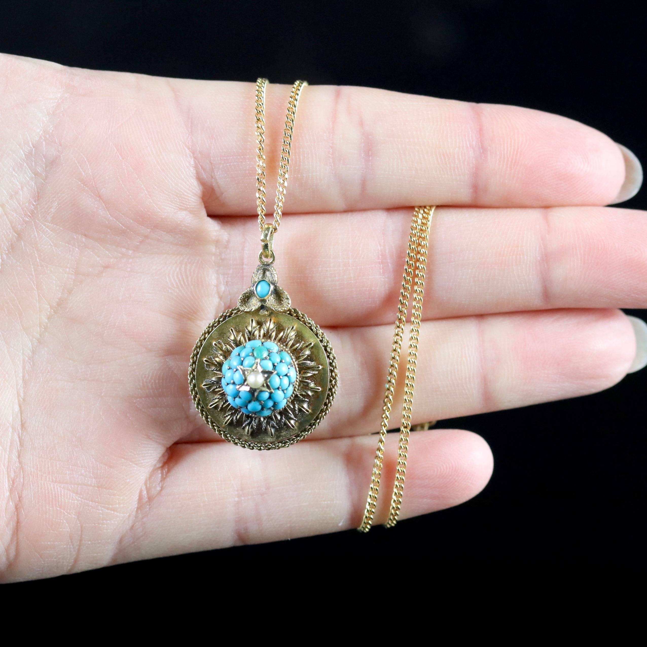 Antique Victorian Gold Turquoise Locket Pendant Necklace, circa 1880 6
