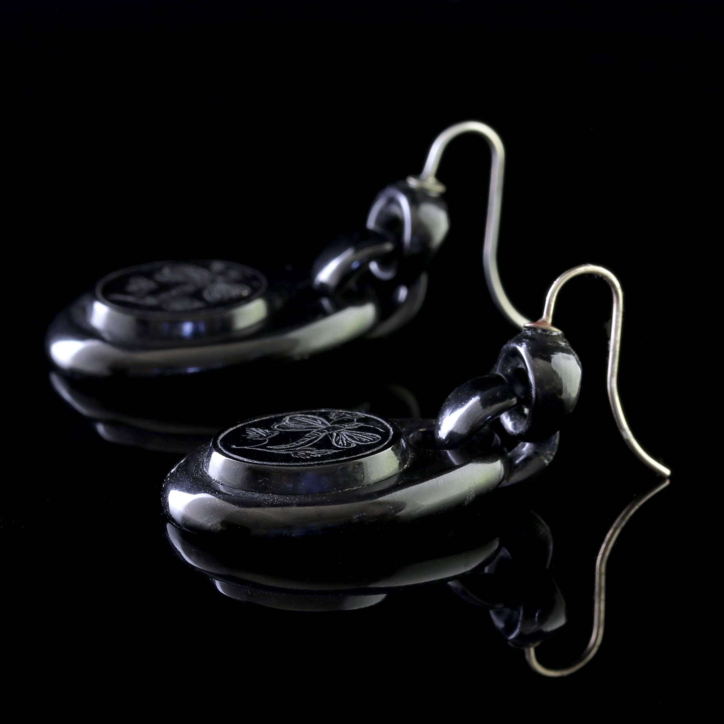 Women's Antique Victorian Whitby Jet Dragonfly Drop Earrings Circa 1860