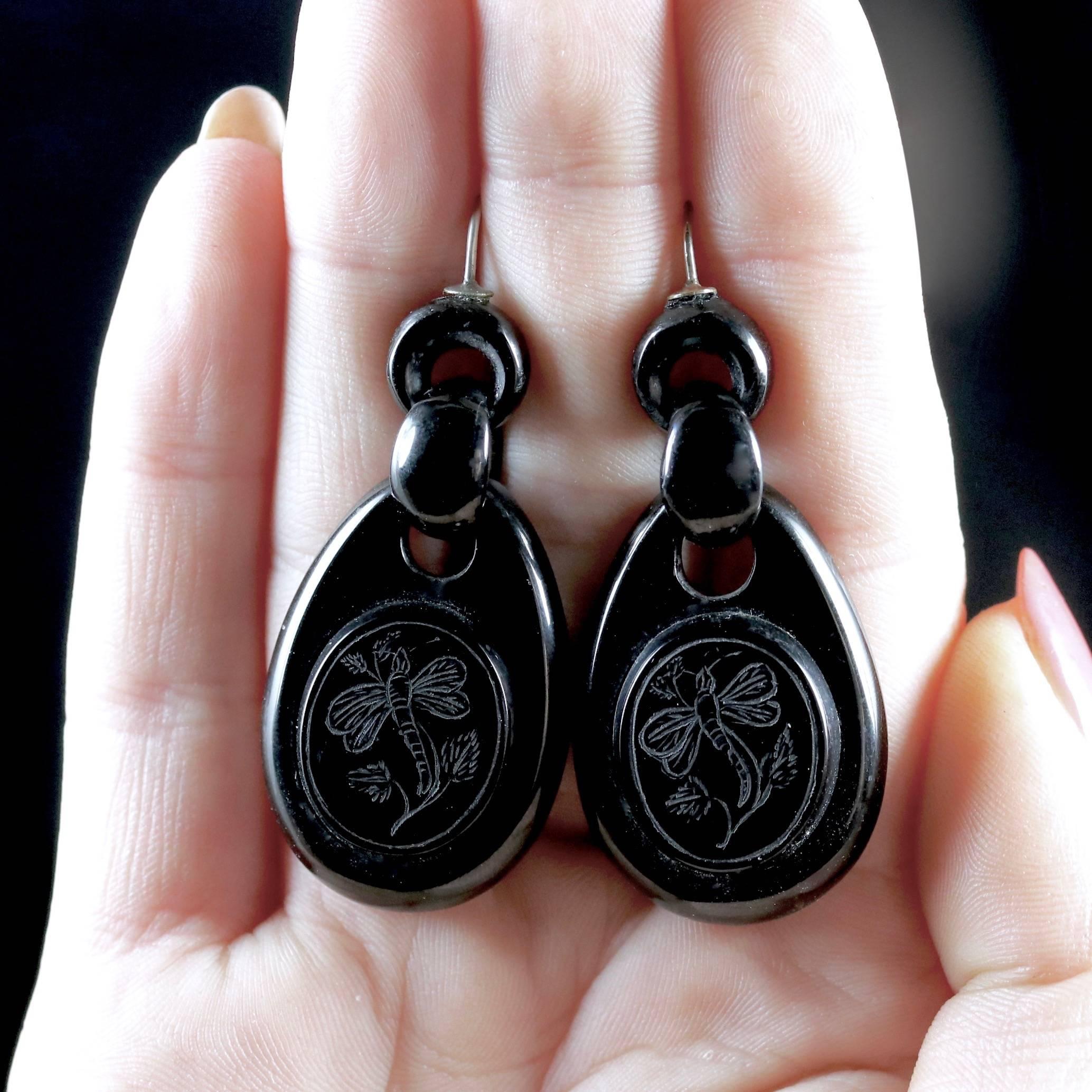 Antique Victorian Whitby Jet Dragonfly Drop Earrings Circa 1860 2