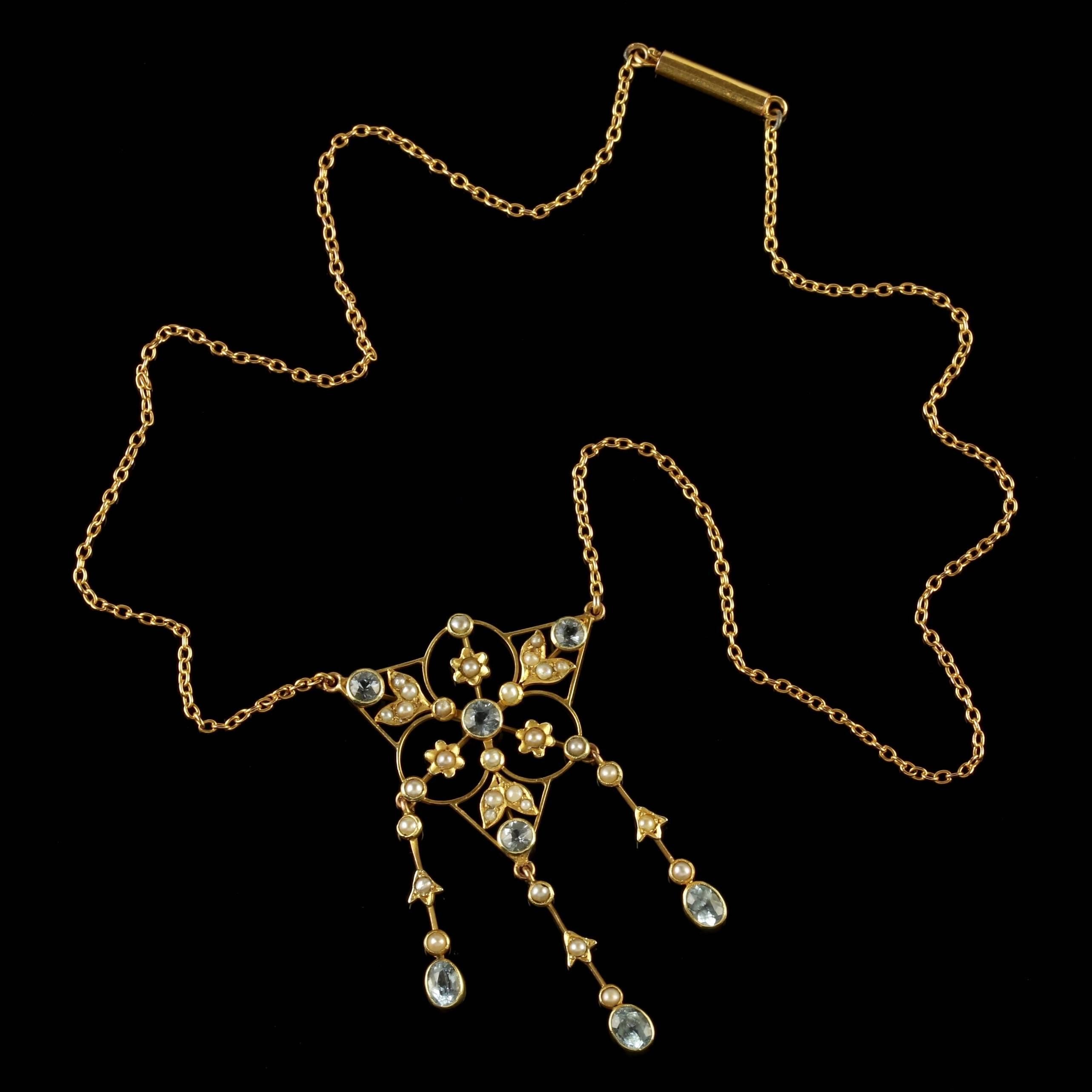 Antique Victorian 15 Carat Gold Aquamarine Pearl Necklace, circa 1900 2