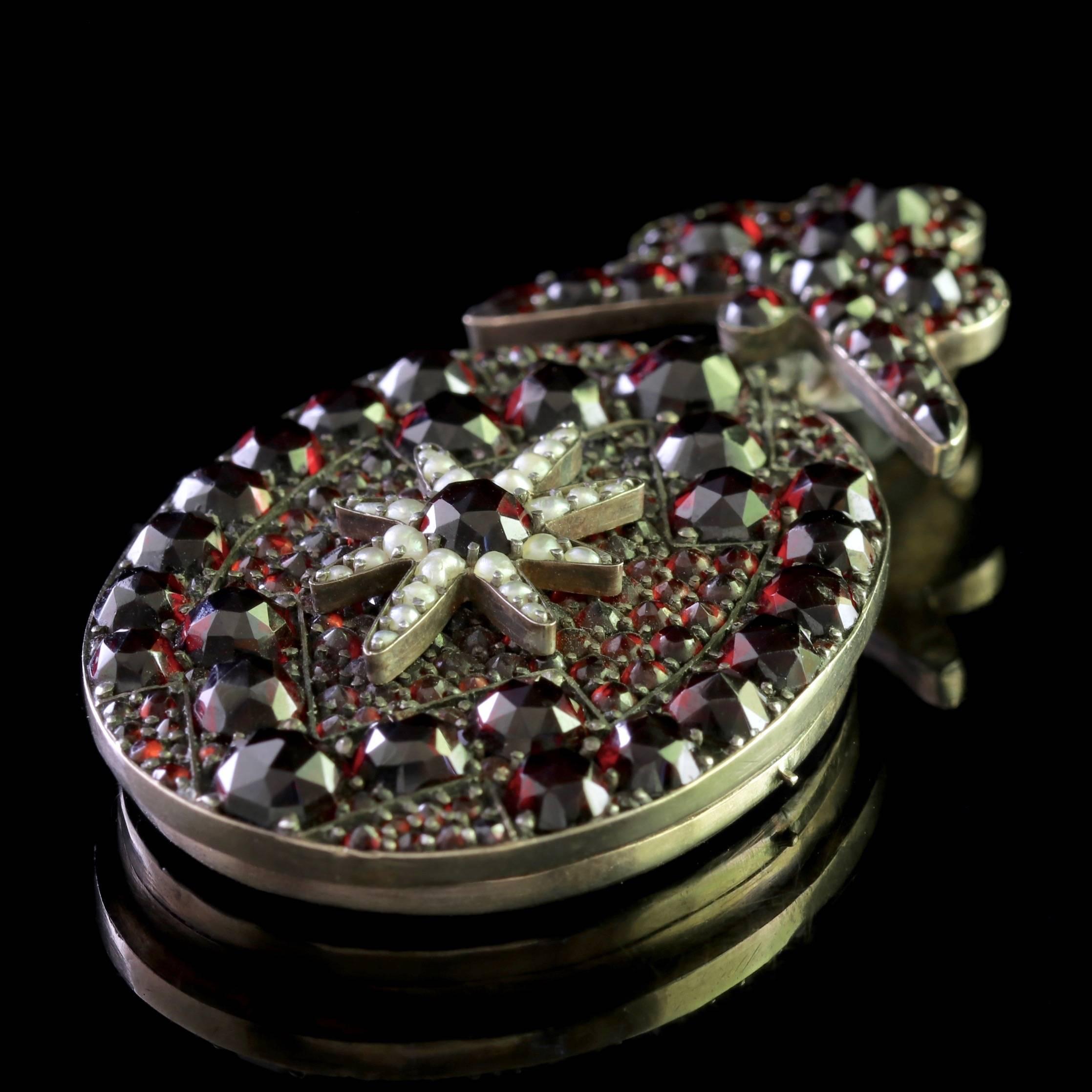Antique Victorian Bohemian Garnet Gold Pearl Pendant Locket, circa 1880 1