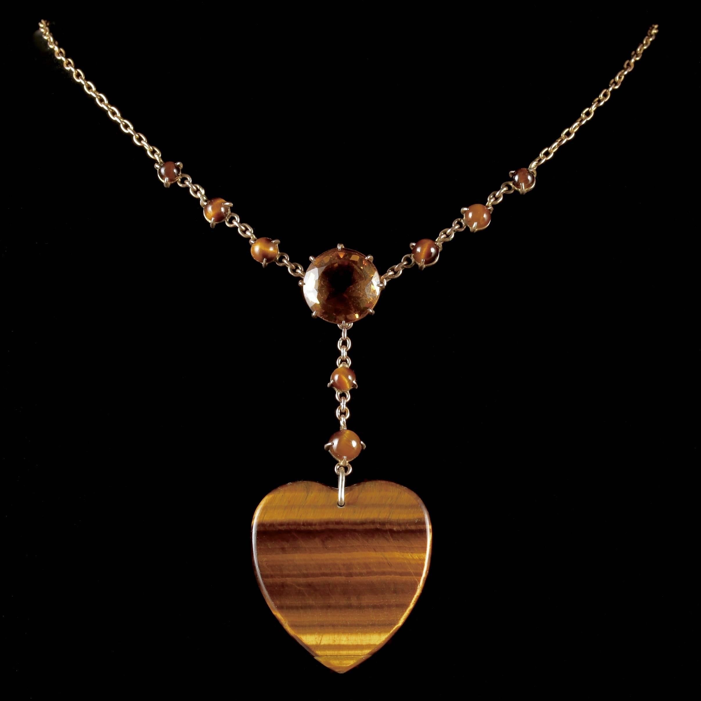 Antique Victorian Tigers Eye Heart Pendant Citrine Necklace, circa 1900 In Excellent Condition For Sale In Lancaster, Lancashire