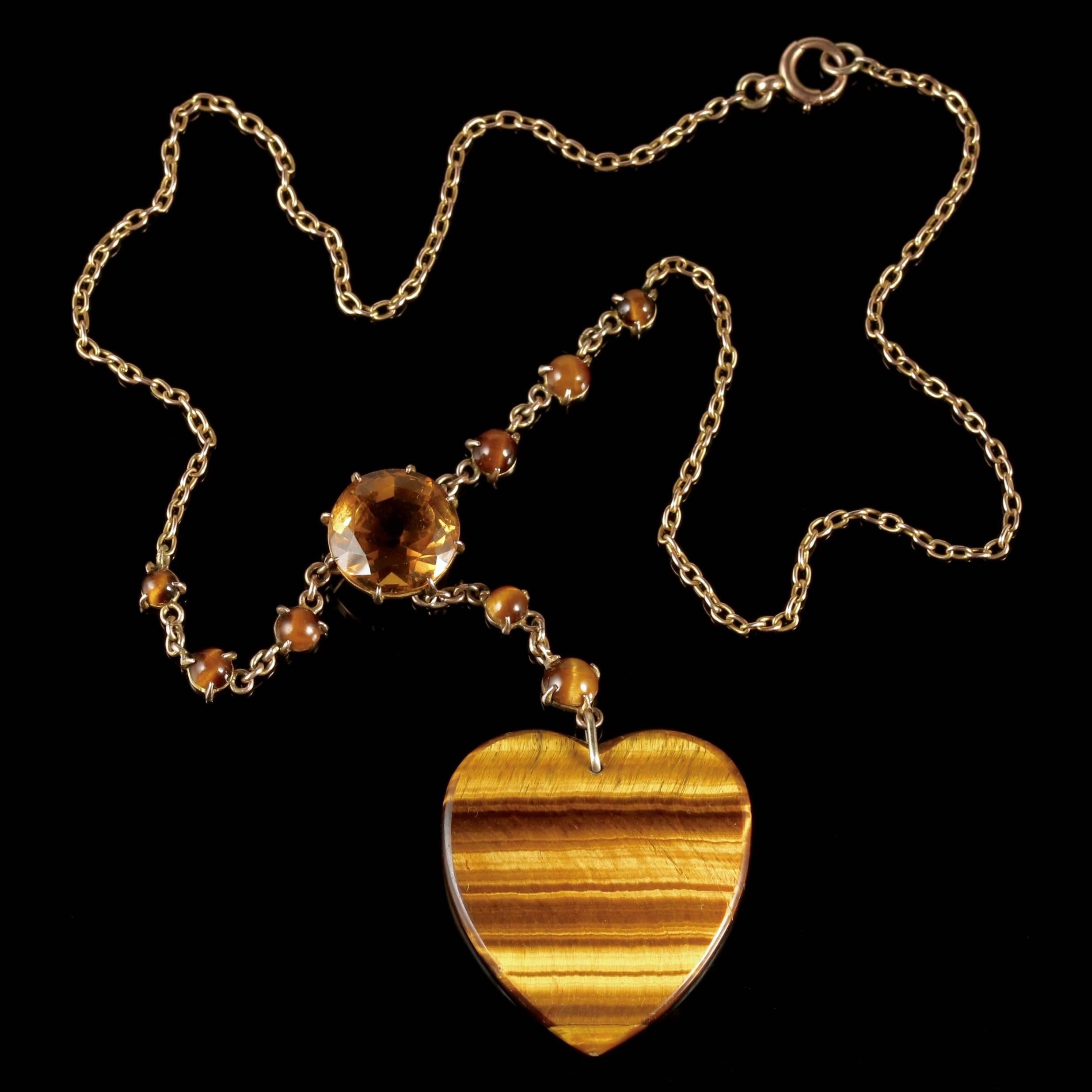 Antique Victorian Tigers Eye Heart Pendant Citrine Necklace, circa 1900 For Sale 1