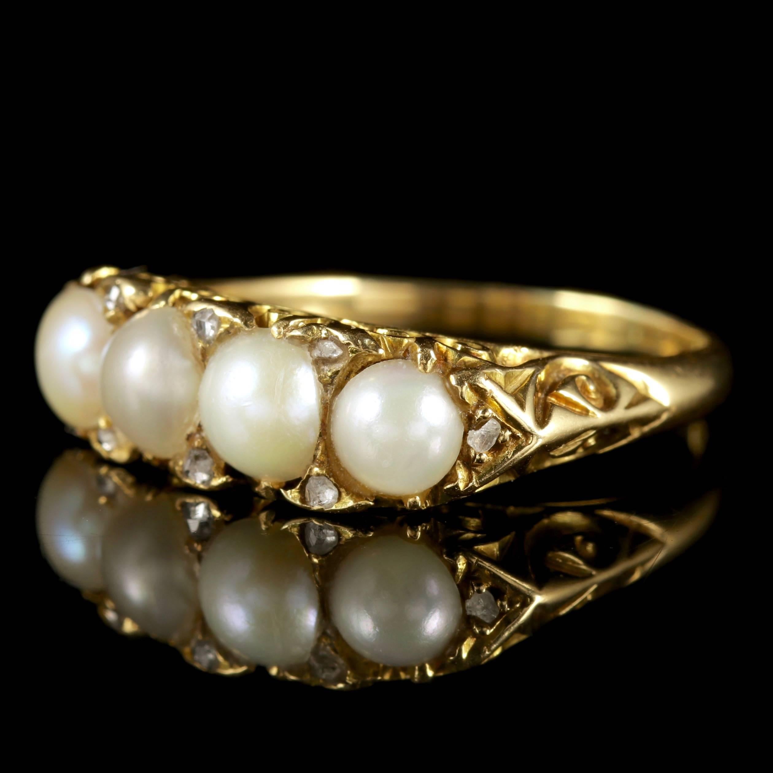 To read more please click continue reading below-

This fabulous antique 18ct Gold Victorian Pearl and Diamond ring is Circa 1880. 

The stunning ring is adorned with four lovely cream Pearls with eight Diamonds set in between. 

Pearls have been