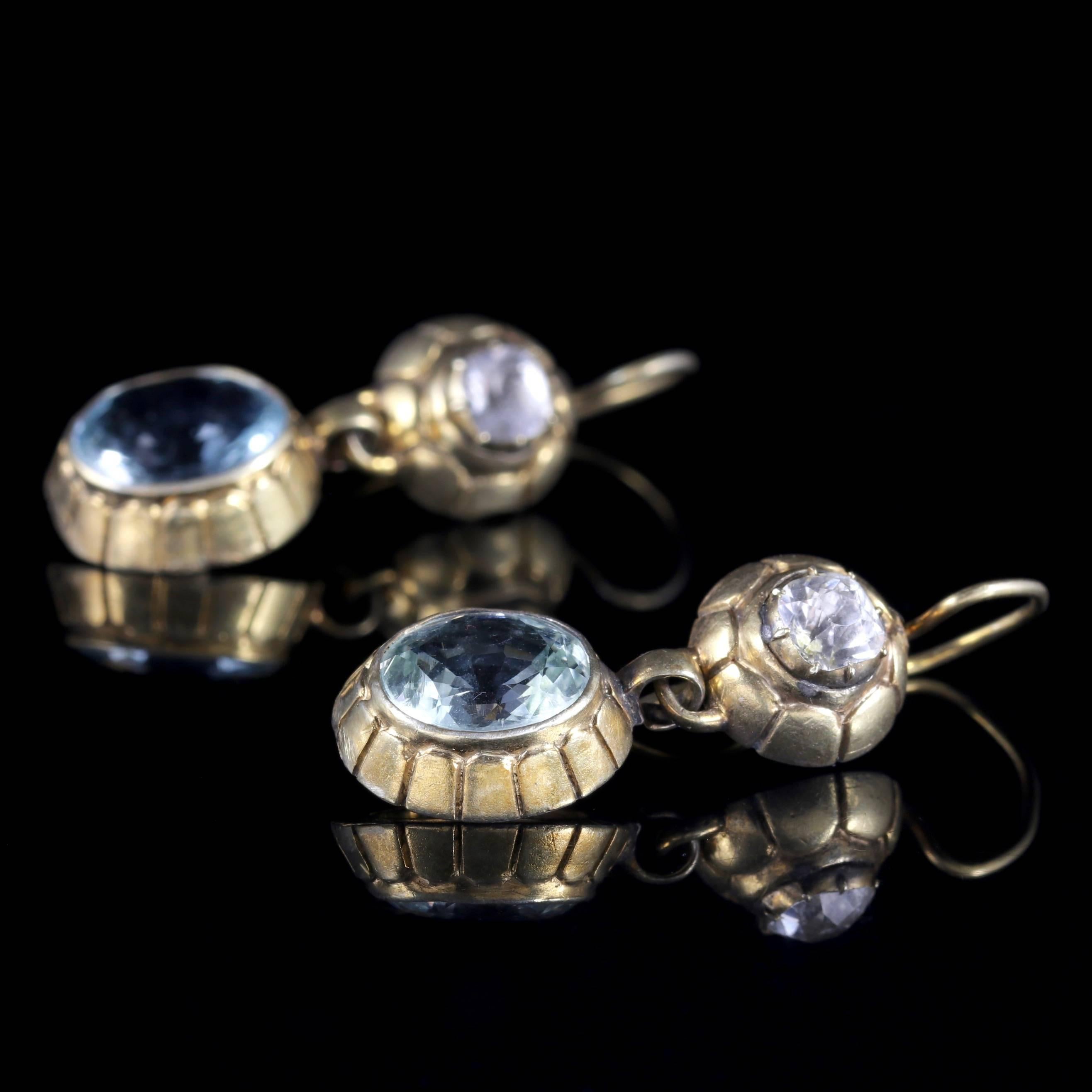 Women's Antique Victorian 18 Carat Gold Aquamarine White Sapphire Earrings, circa 1900